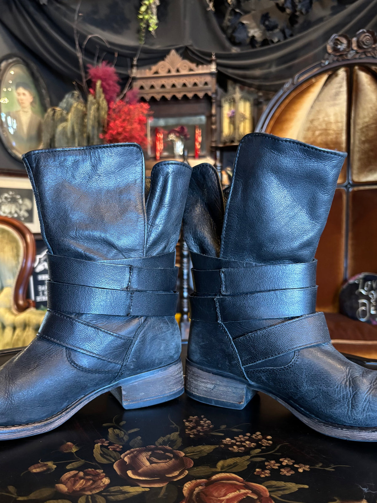 Steve Madden Brewzzer Black Leather Belted Mid-Calf Moto Boots