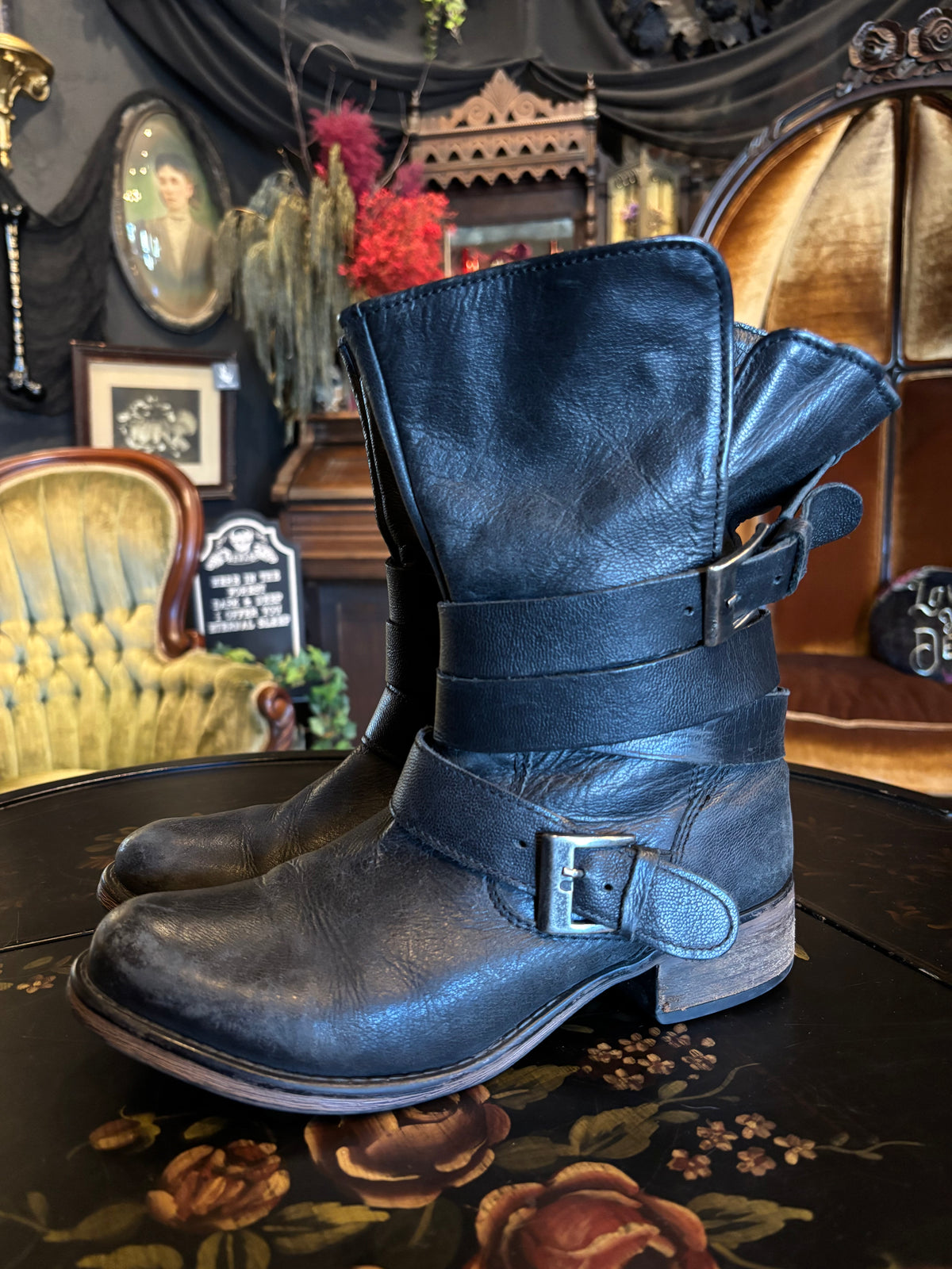 Steve Madden Brewzzer Black Leather Belted Mid-Calf Moto Boots