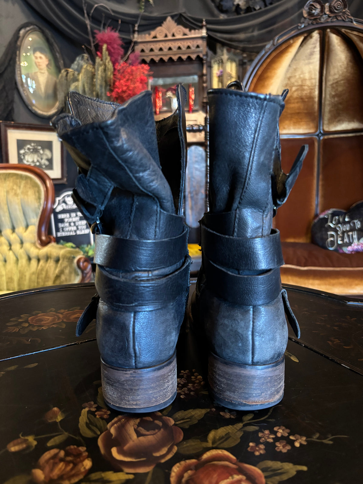 Steve Madden Brewzzer Black Leather Belted Mid-Calf Moto Boots