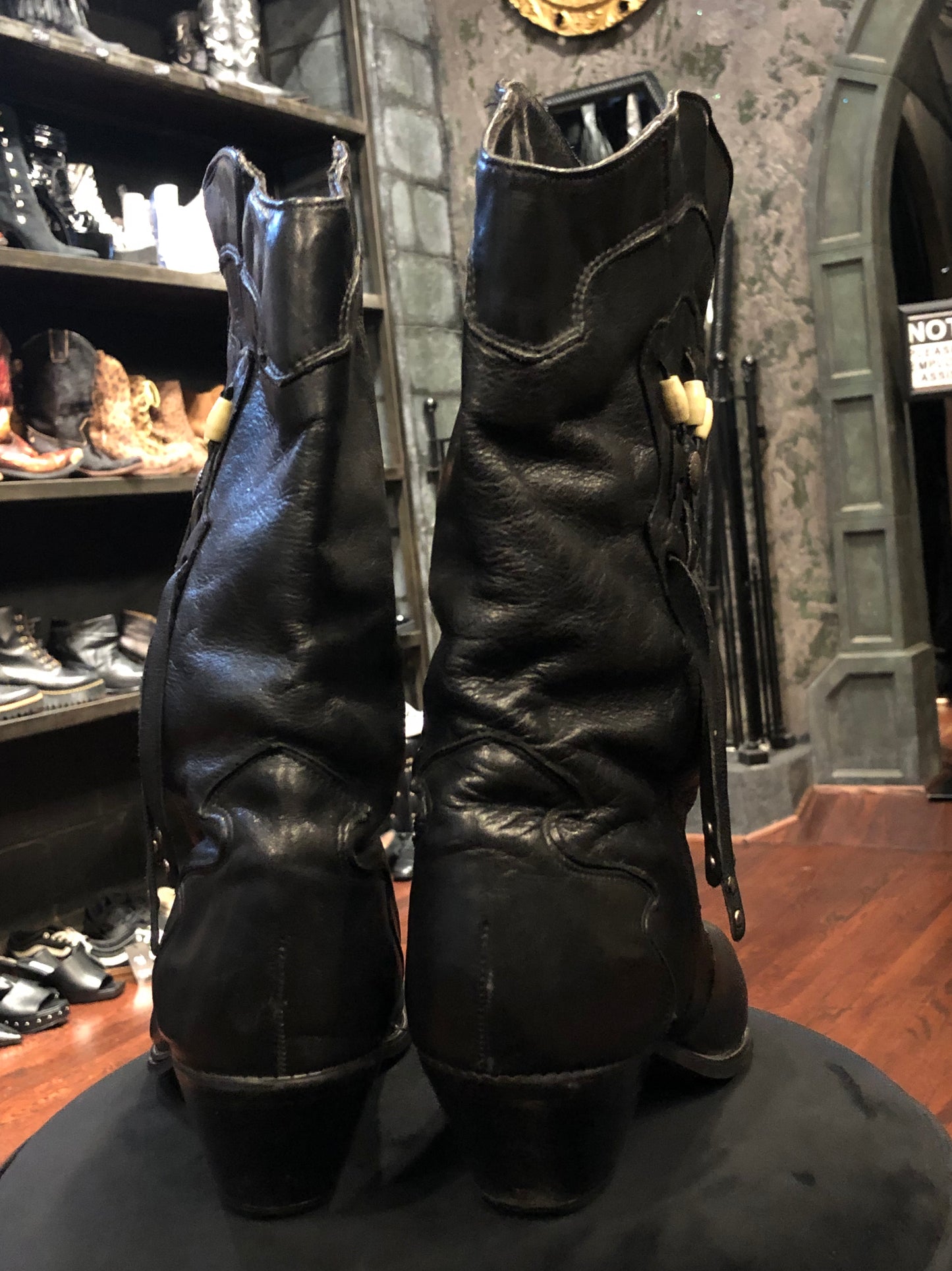 Code West Beaded Fringe Detail Black Leather Cowboy Boots