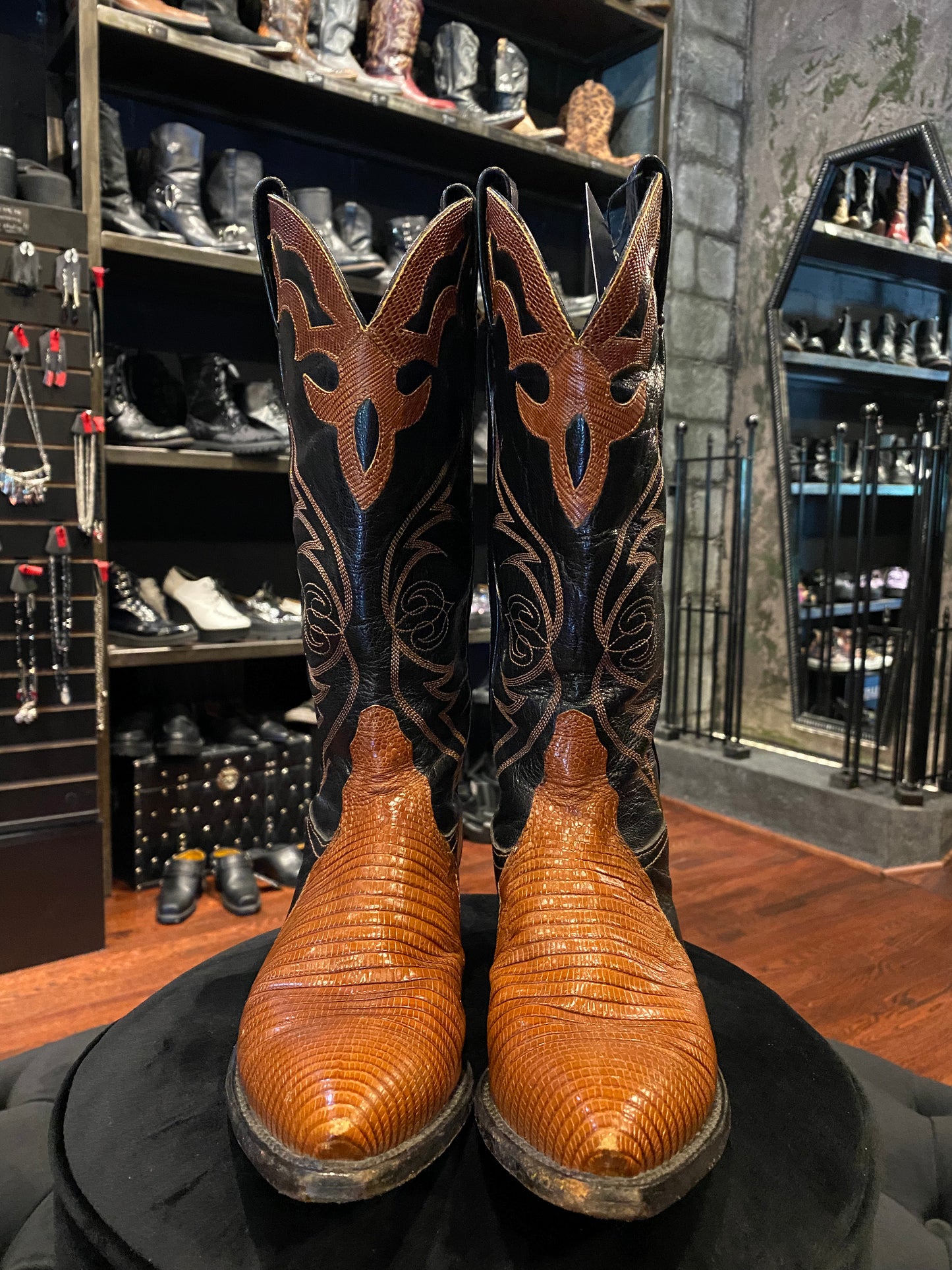Vintage Tony Lama Black and Cognac Lizard Skin Cowboy Boots