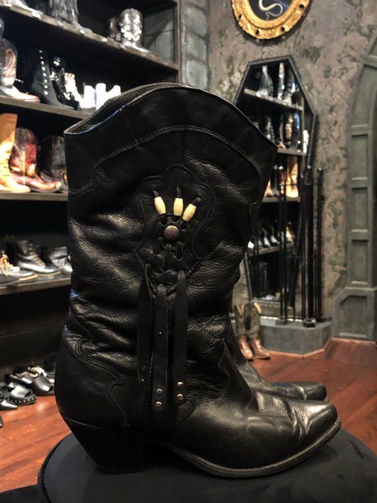 Vintage Code West Black Leather Fringe and Bone Bead Cowboy Boots