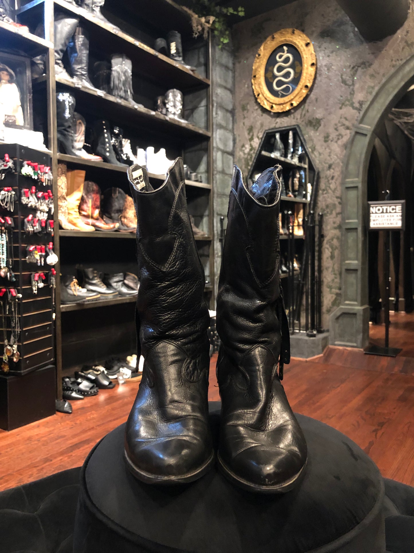 Code West Beaded Fringe Detail Black Leather Cowboy Boots