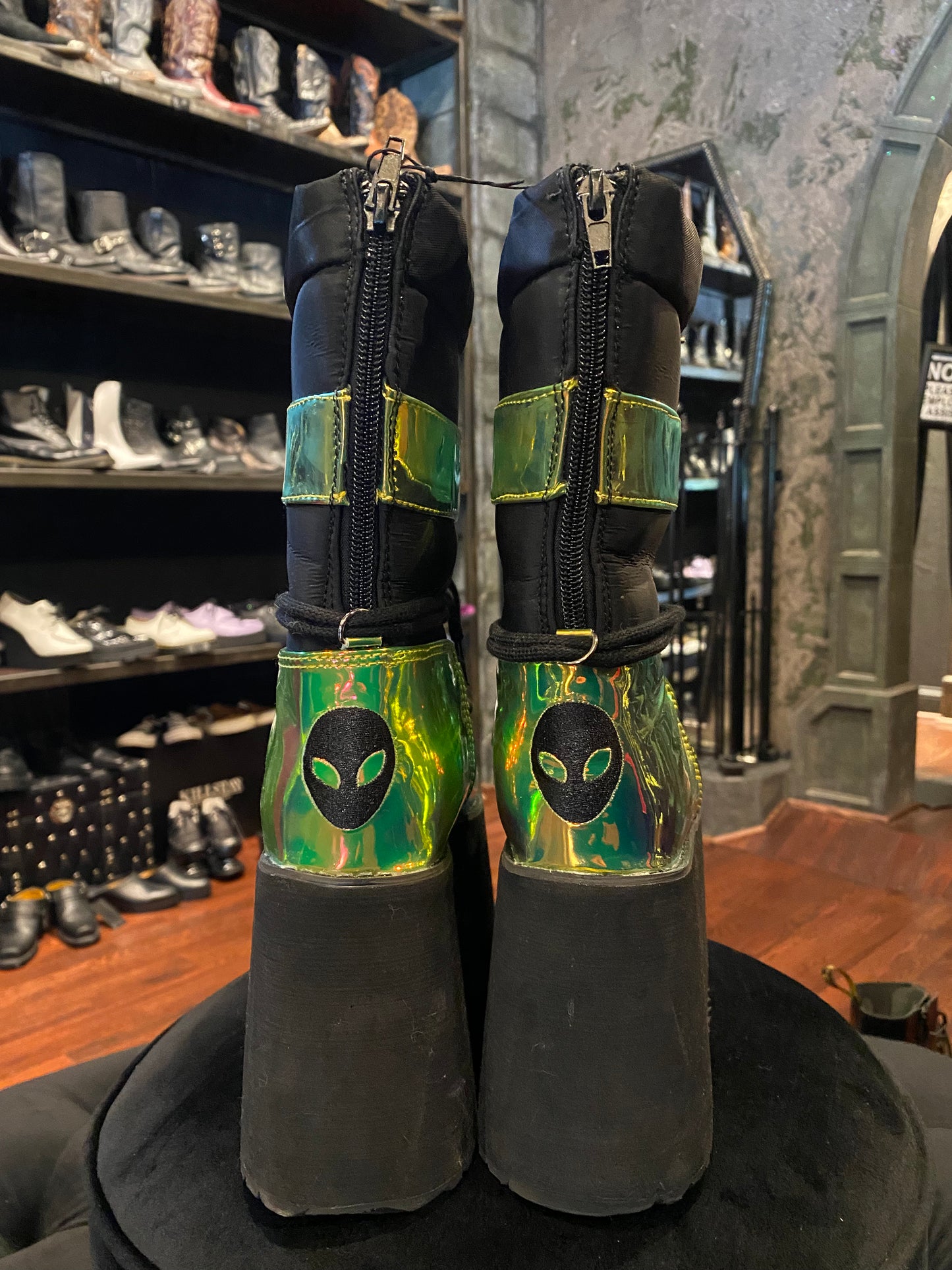 YRU Holographic Alien Fur Lined Platform Boots