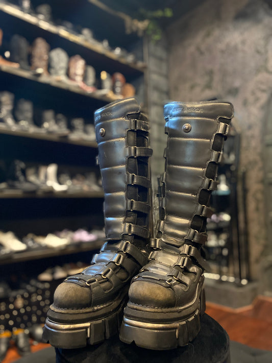 Vintage New Rock Tall Black and Grey Cyber Punk Velcro Boots