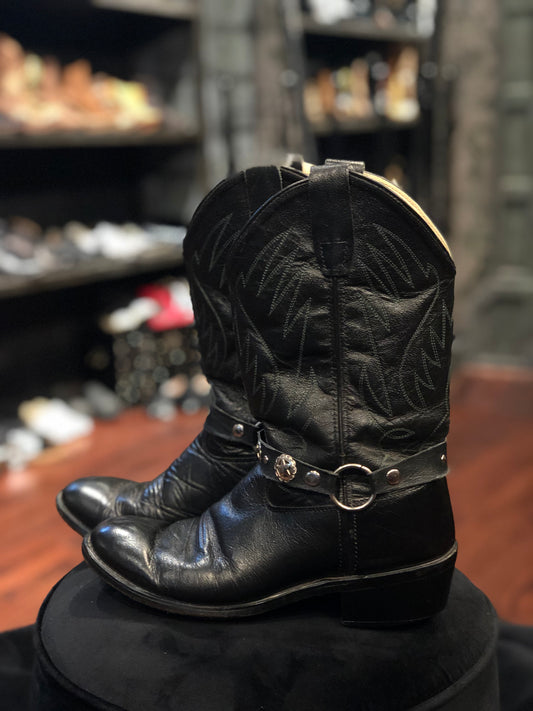 Old West Black Leather Moto Bootstrap Cowboy Boots