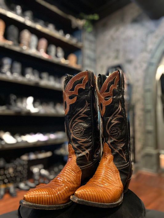 Vintage Tony Lama Black and Cognac Lizard Skin Cowboy Boots