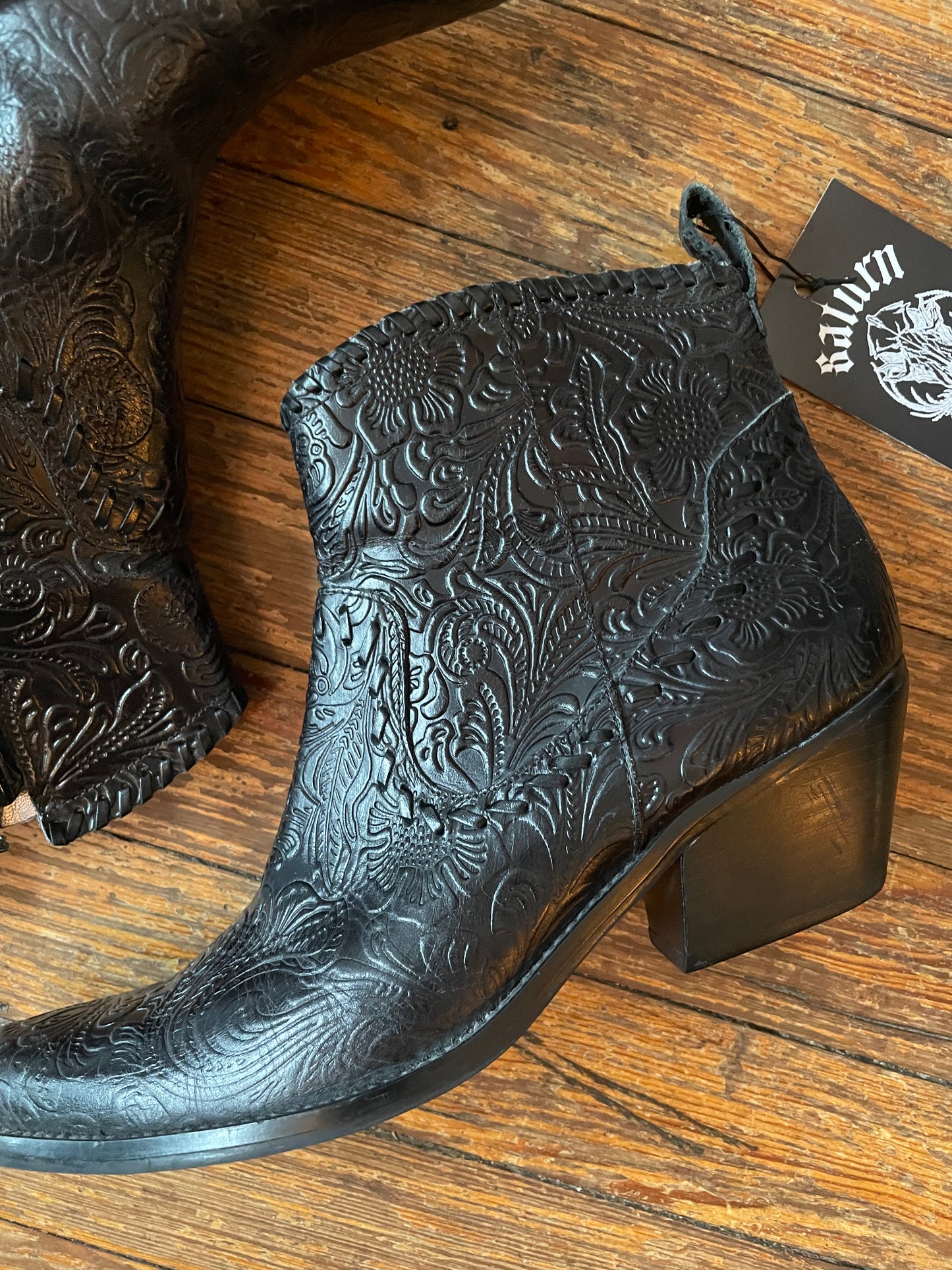 Black Leather Floral Embossed Western Ankle Boots