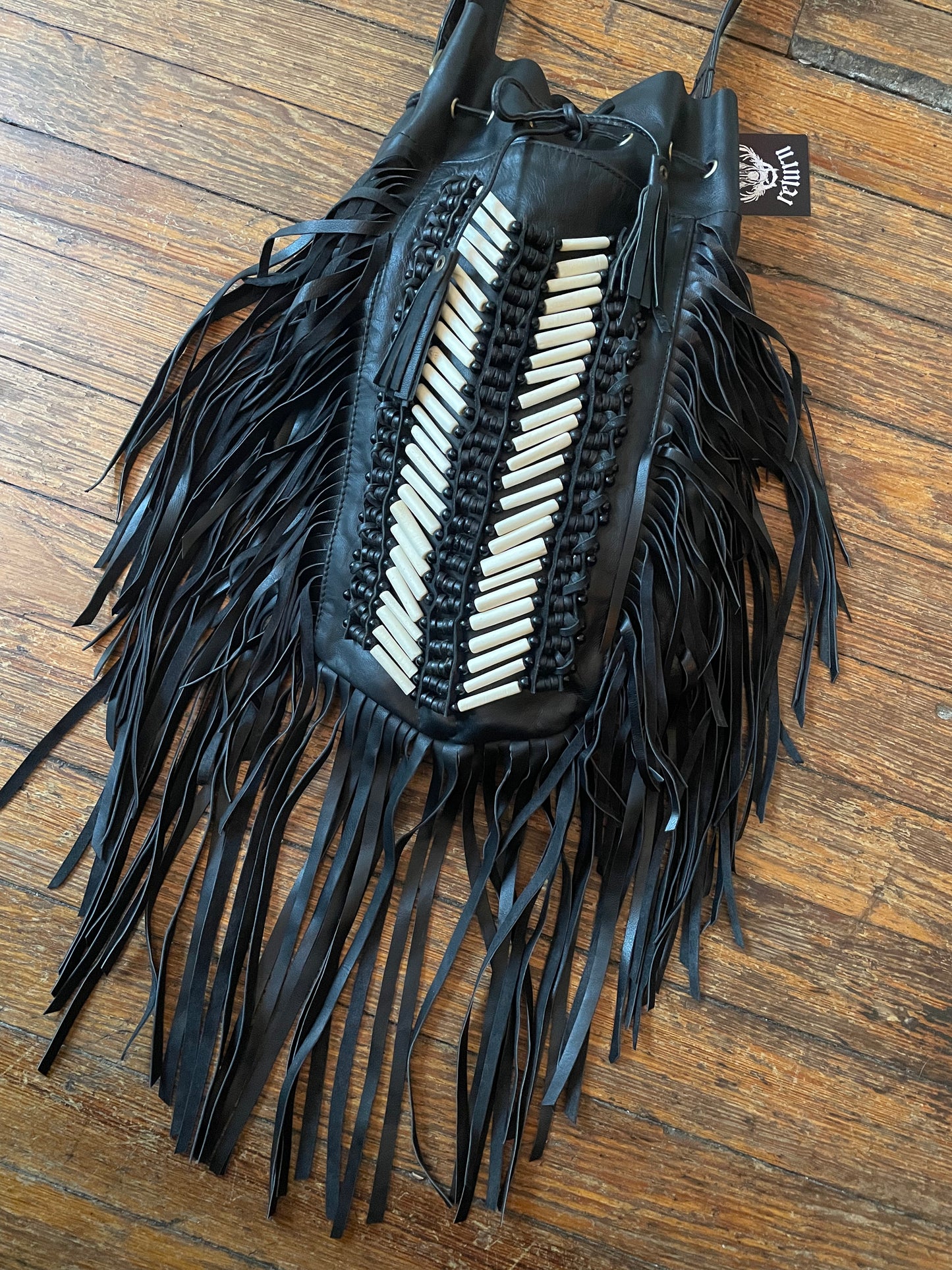 NWOT Soft Black Leather Fringe Beaded Drawstring Bag