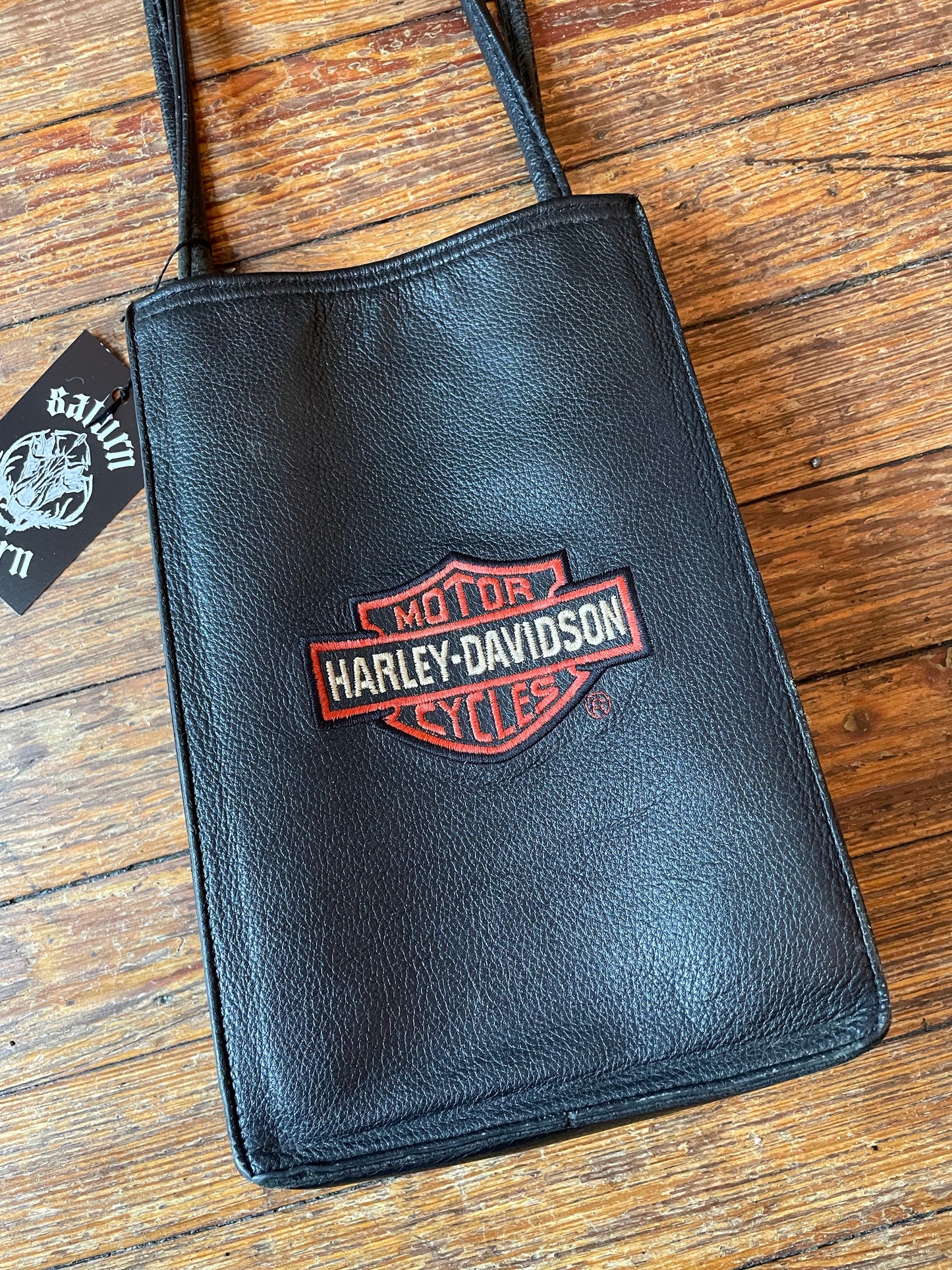 Vintage Harley-Davidson Black and Orange Leather Shoulder Tote Bag
