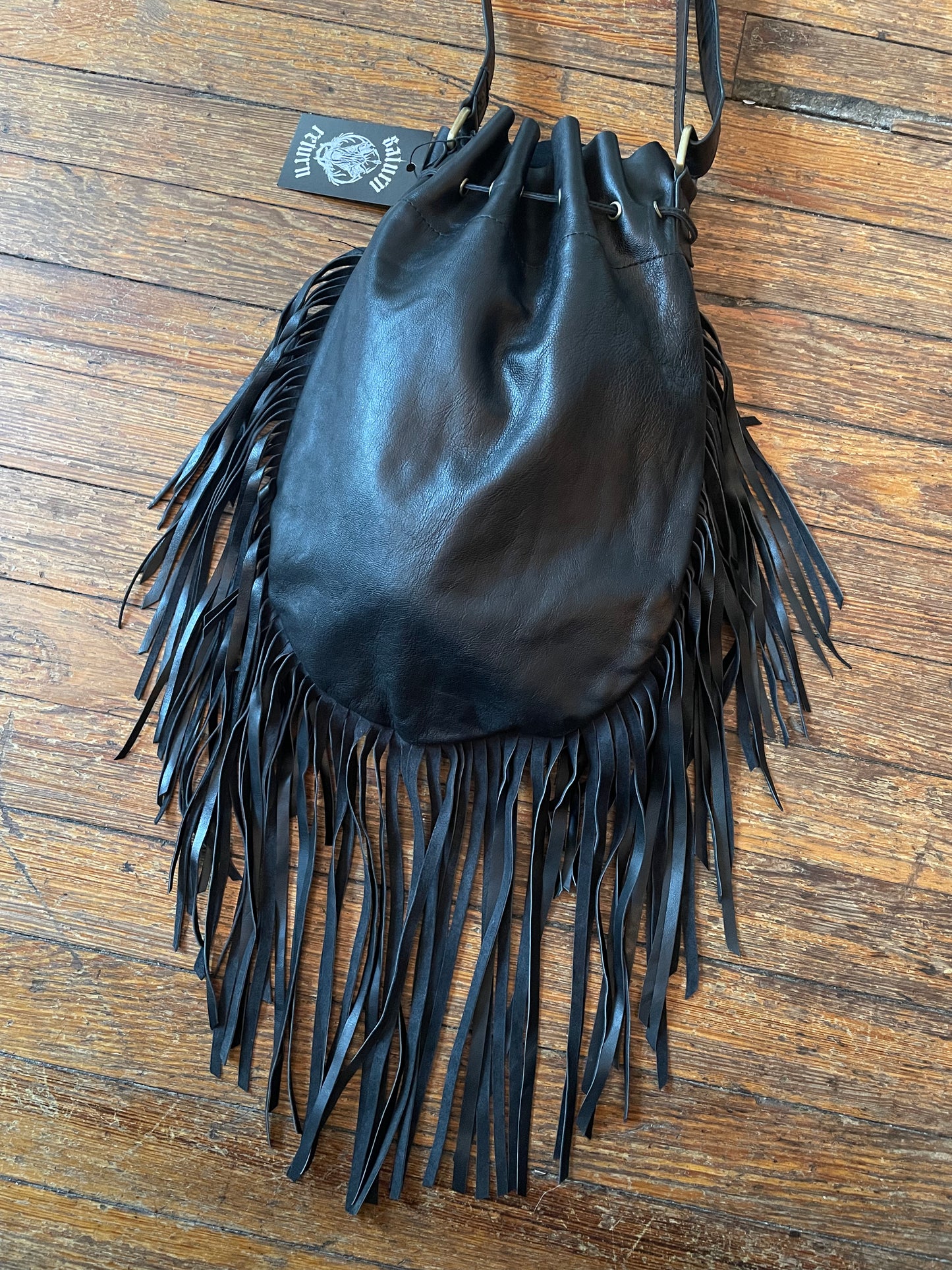 NWOT Soft Black Leather Fringe Beaded Drawstring Bag