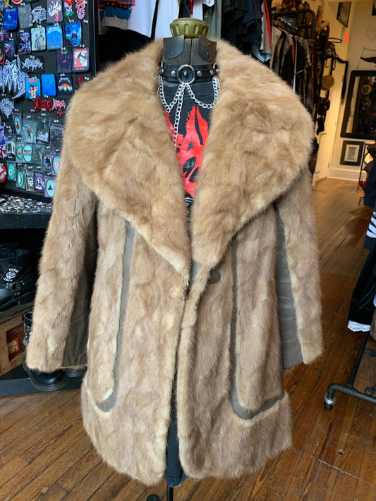 Vintage Tan Mink Fur and Leather Panel Coat
