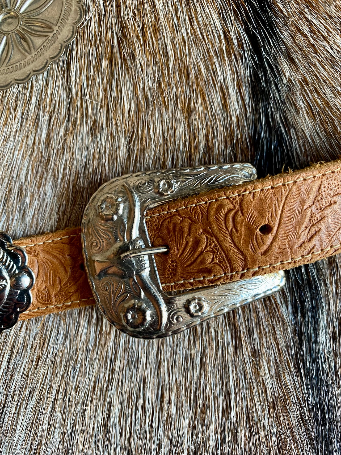 Vintage Tan Leather Tooled Silver Concho Western Belt
