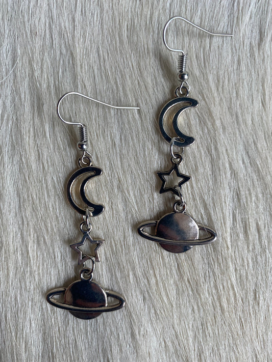 Crescent Moon & Saturn Dangle Earrings
