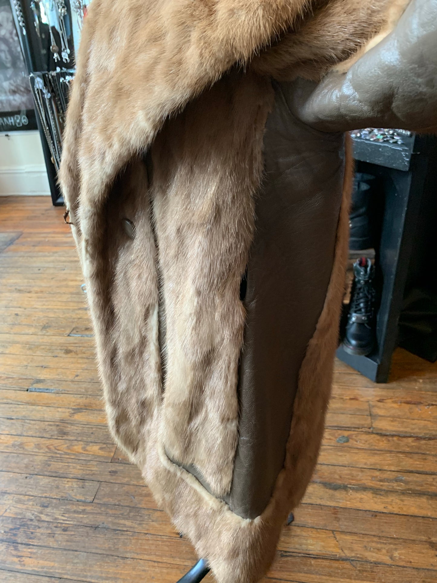 Vintage Tan Mink Fur and Leather Panel Coat