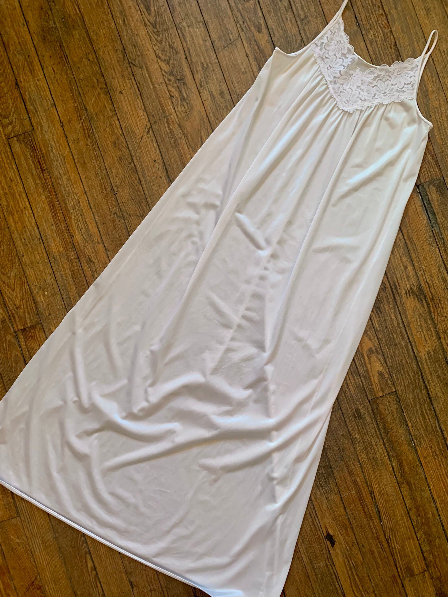 Vintage Long White Satin & Lace Slip Dress