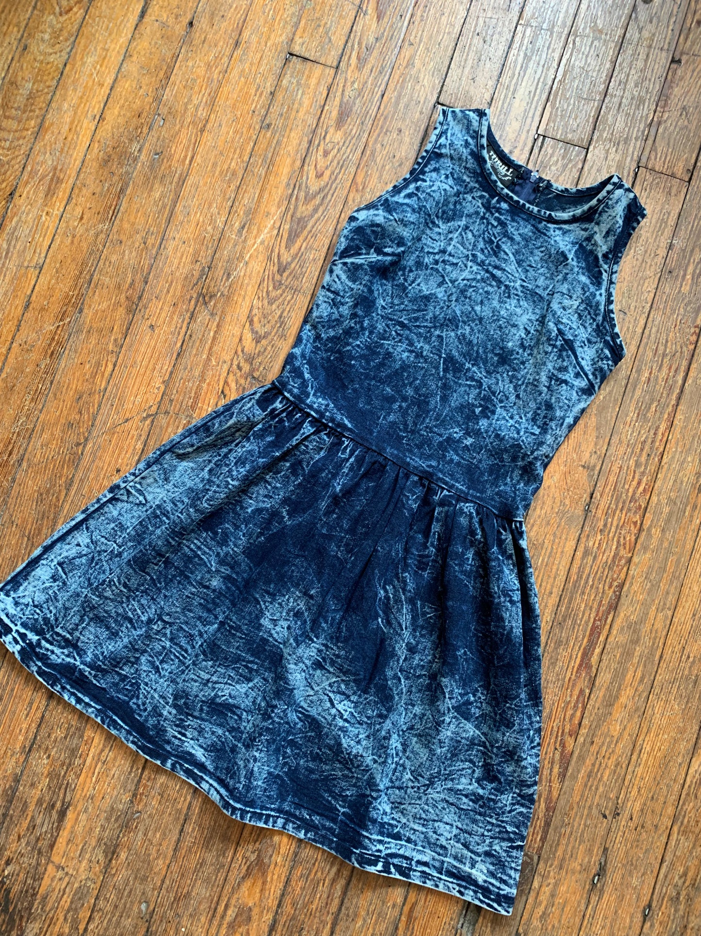 Thrill Bleach Washed Blue Denim High Neck Skater Dress