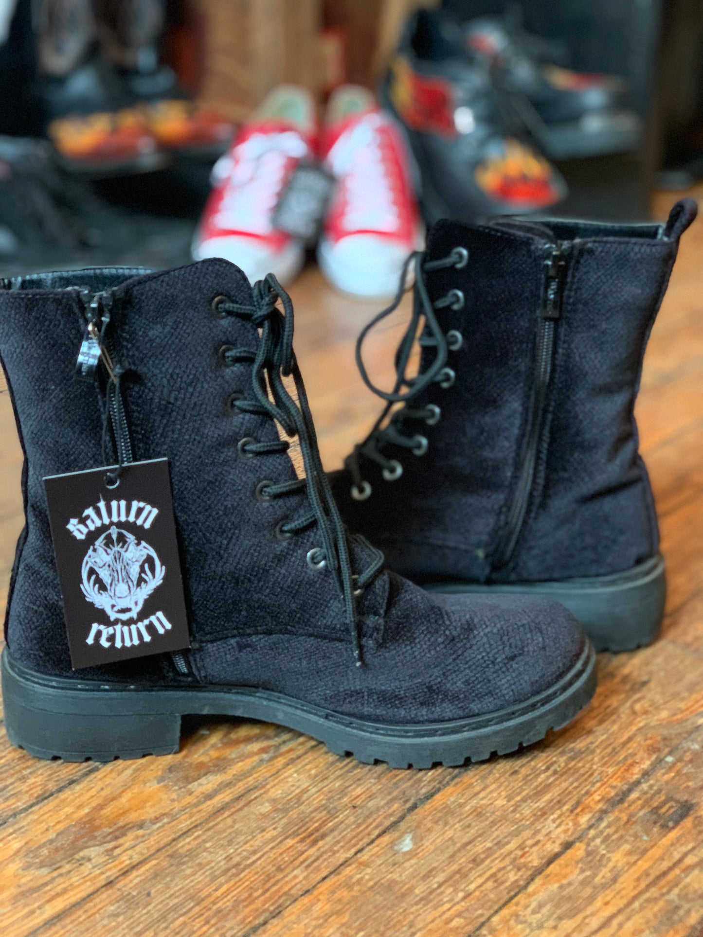 Black Velvet Zip Combat Boots