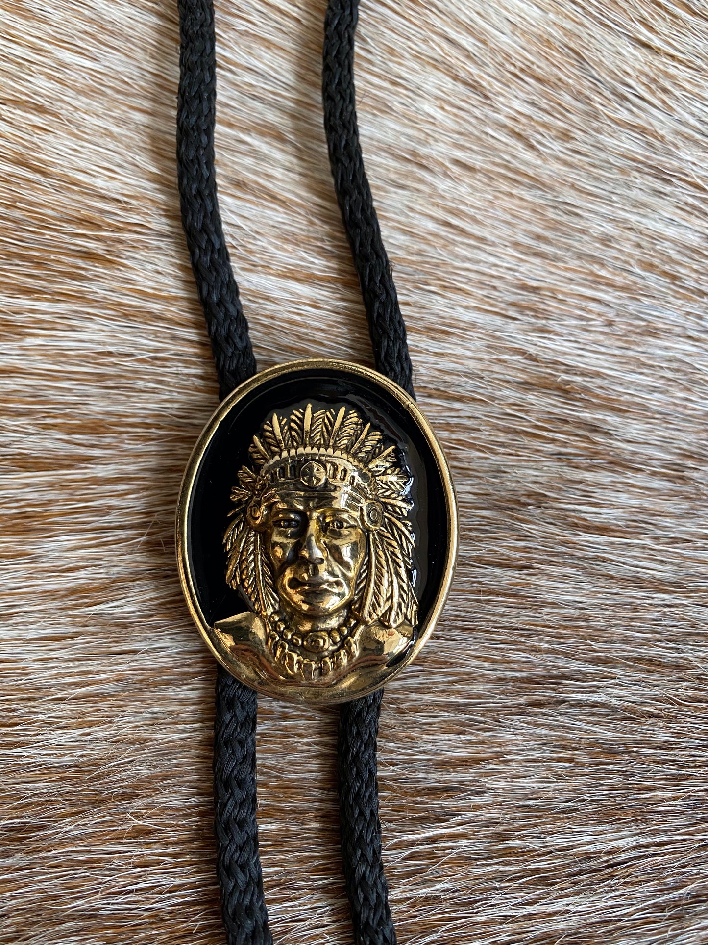 Black and Gold Indigenous Native American Portrait Bolo Tie