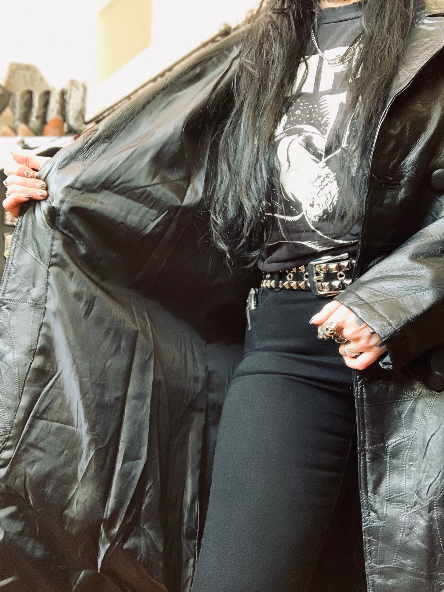 Vintage Black Leather Double-Breasted Patchwork Coat