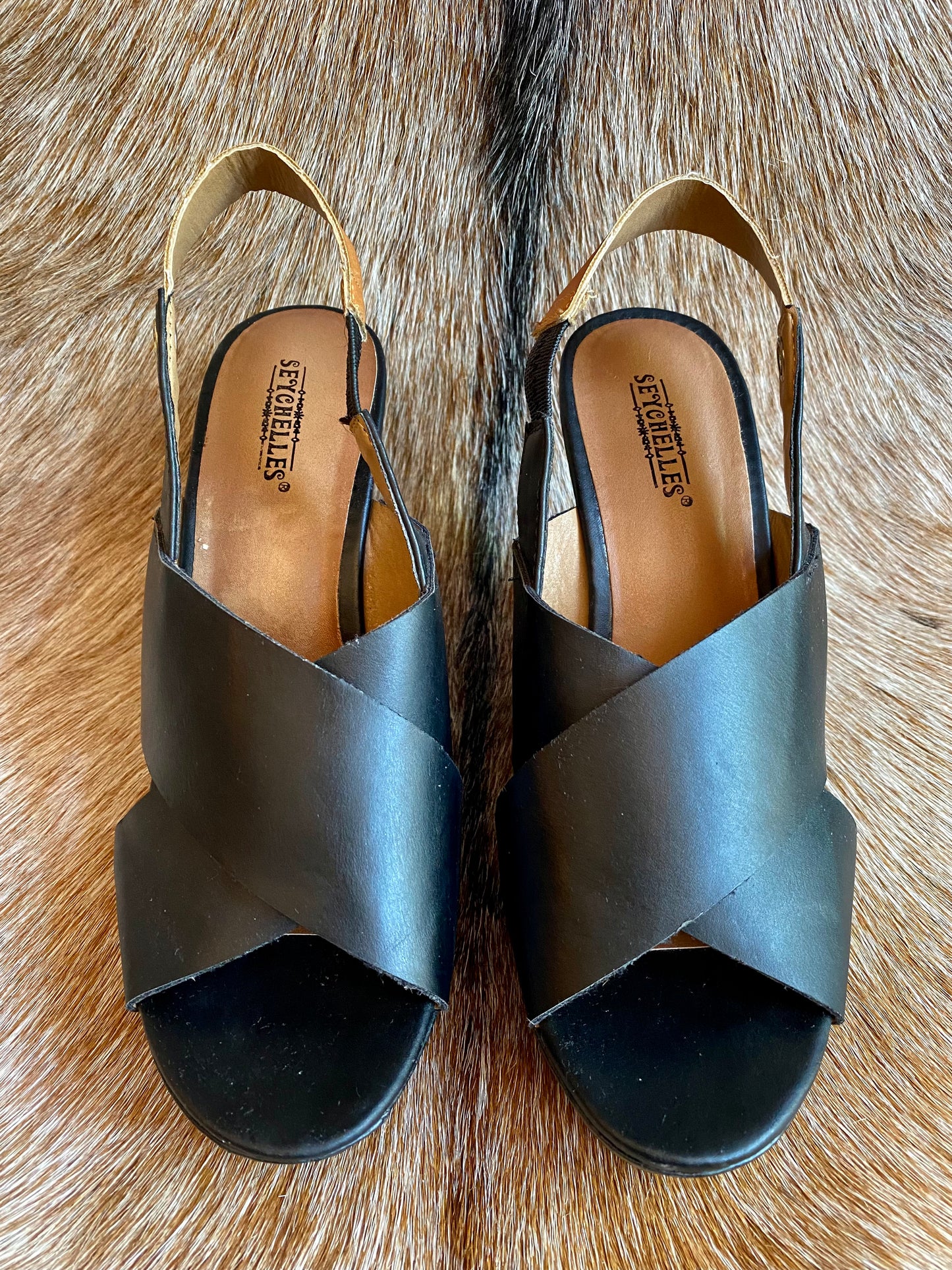 Black & Tan Leather Thick Strap Wedges