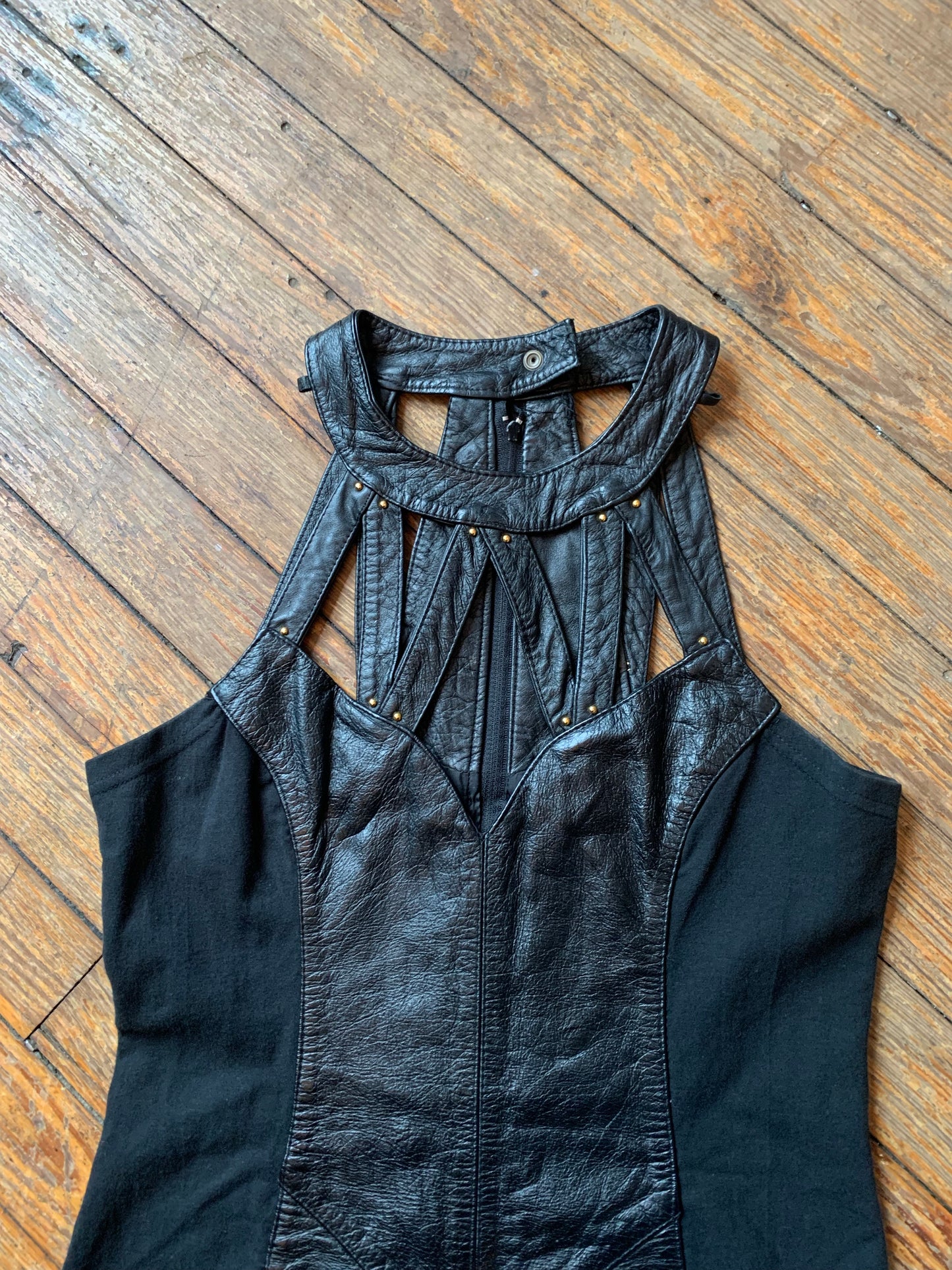 Saint Lee Black Genuine Leather Cutout Panel Bodcon Dress