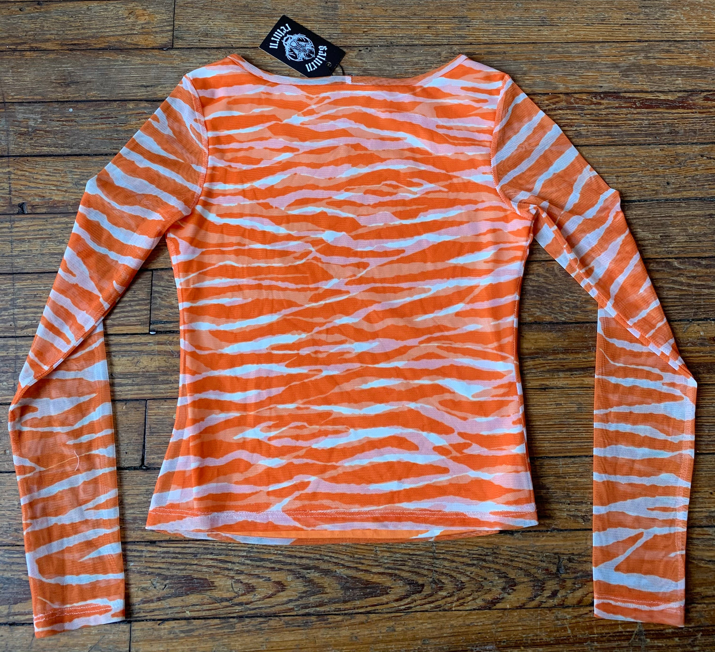 Vintage 90’s Hot Kiss Orange Tiger Strap Camo Mesh Long Sleeve Top