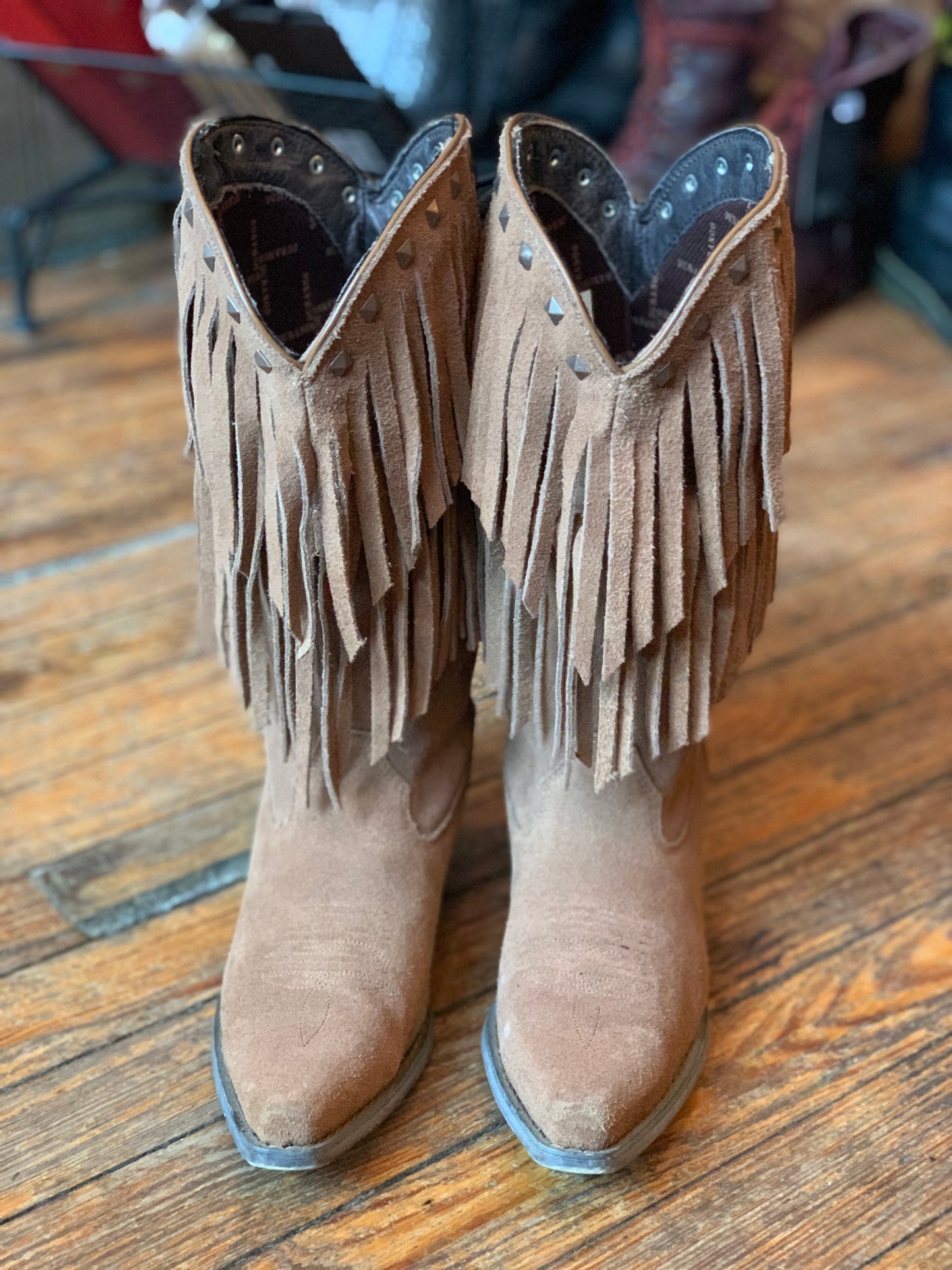 Durango Tan Suede Fringe Studded Cowboy Boots