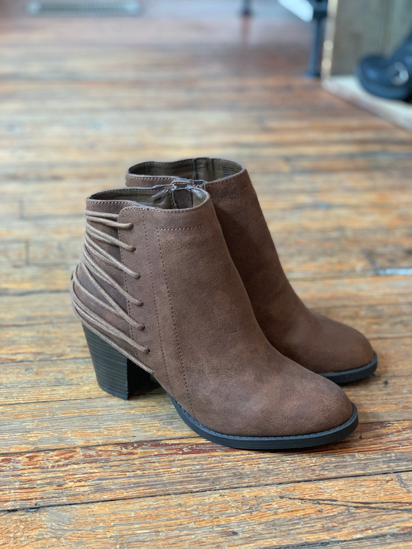 Candie’s Laced Back Brown Leather Ankle Booties