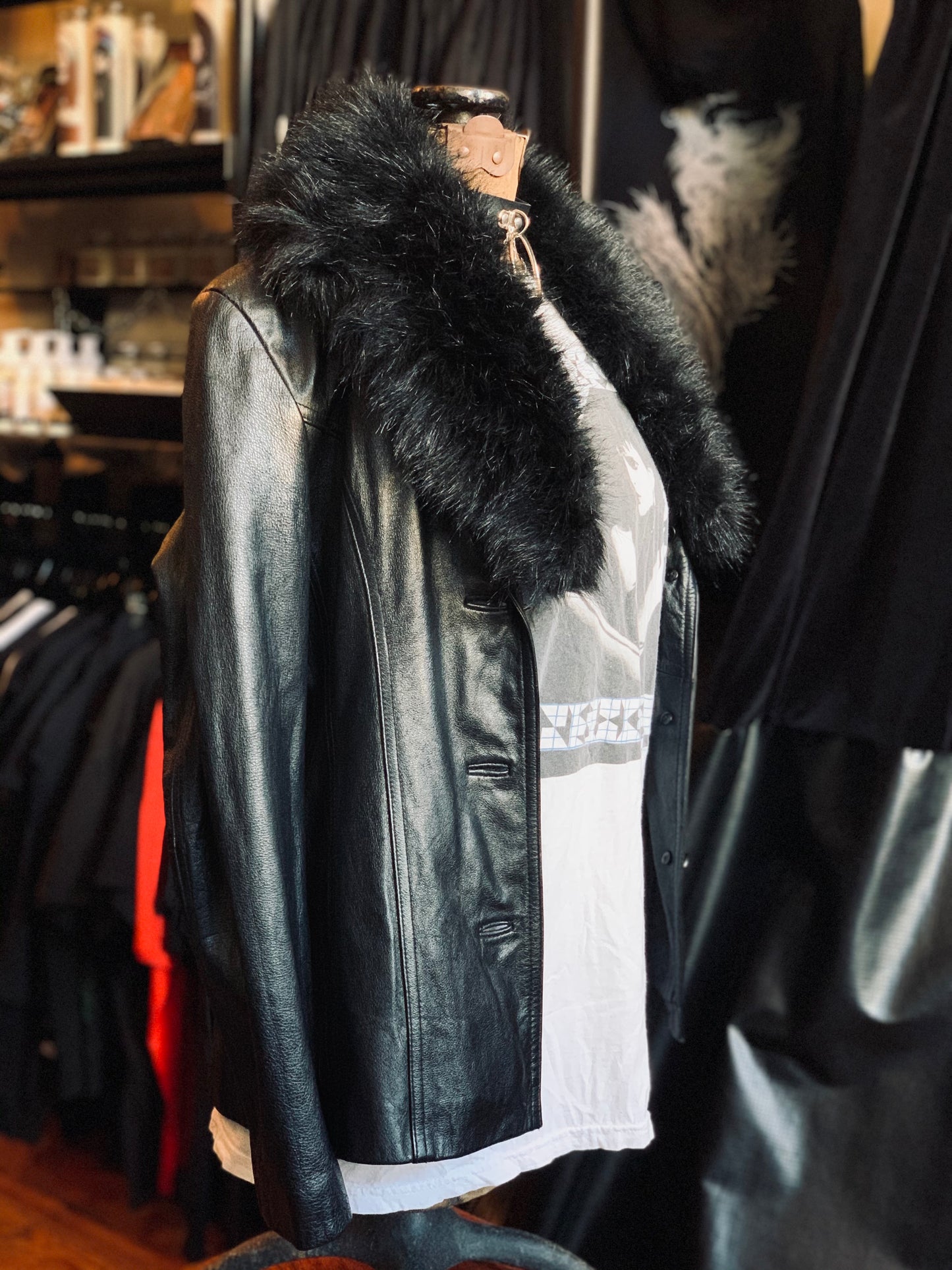 Wilson’s Black Leather Coat w/ Black Faux Fur Collar
