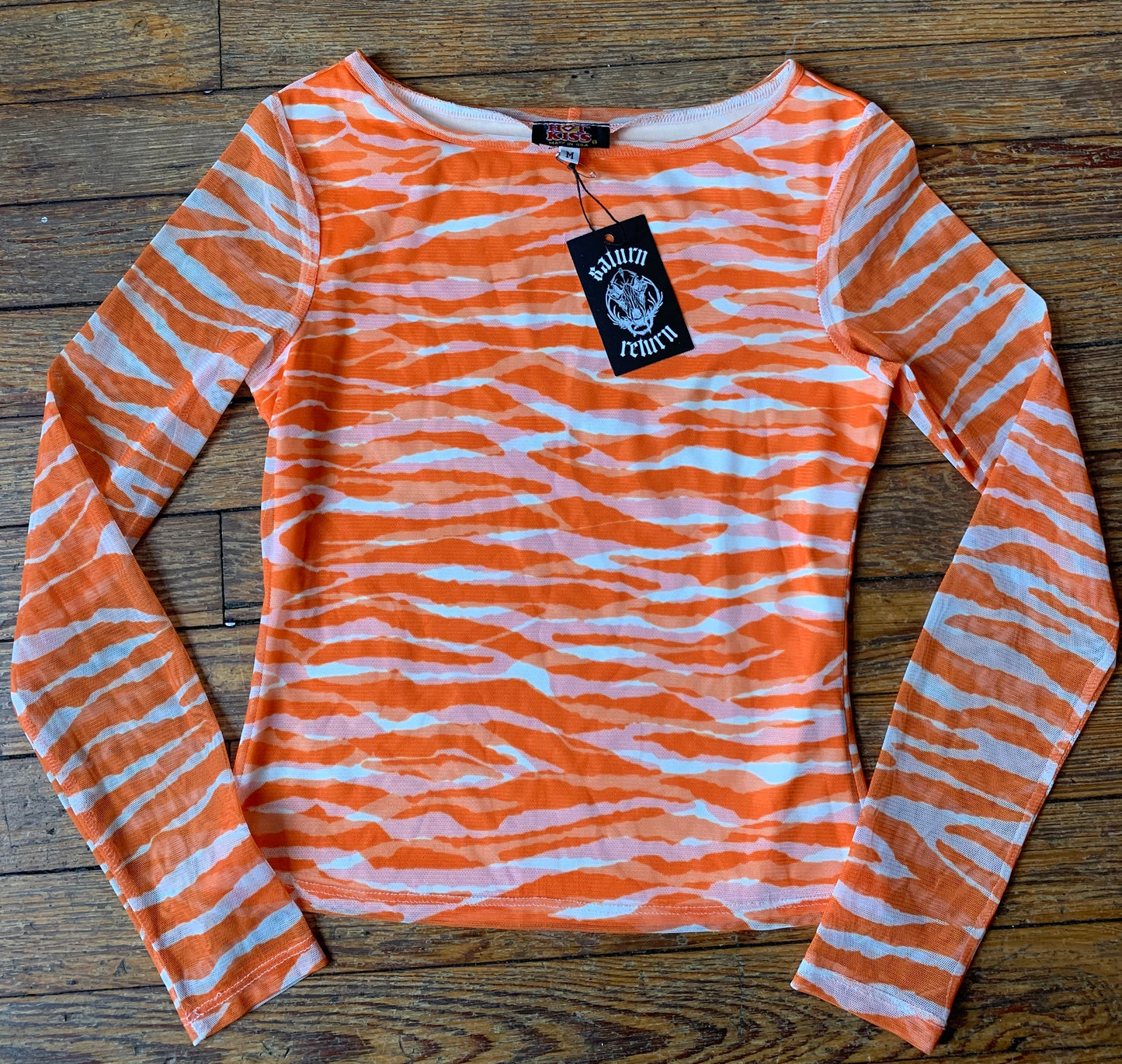 Vintage 90’s Hot Kiss Orange Tiger Strap Camo Mesh Long Sleeve Top