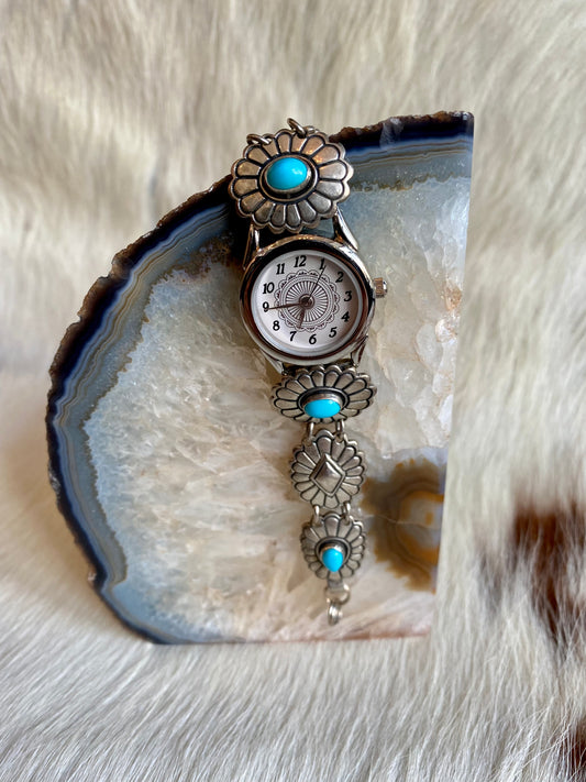 Vintage Sterling Silver Stamped Concho & Turquoise Watch