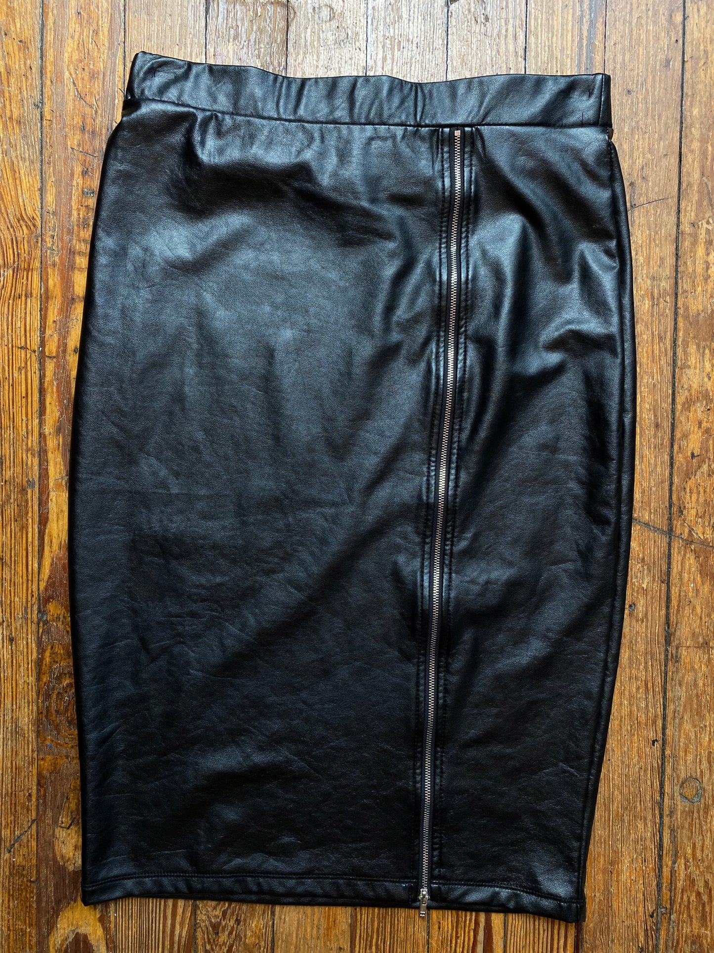 Black Faux Leather Zipper Midi Skirt