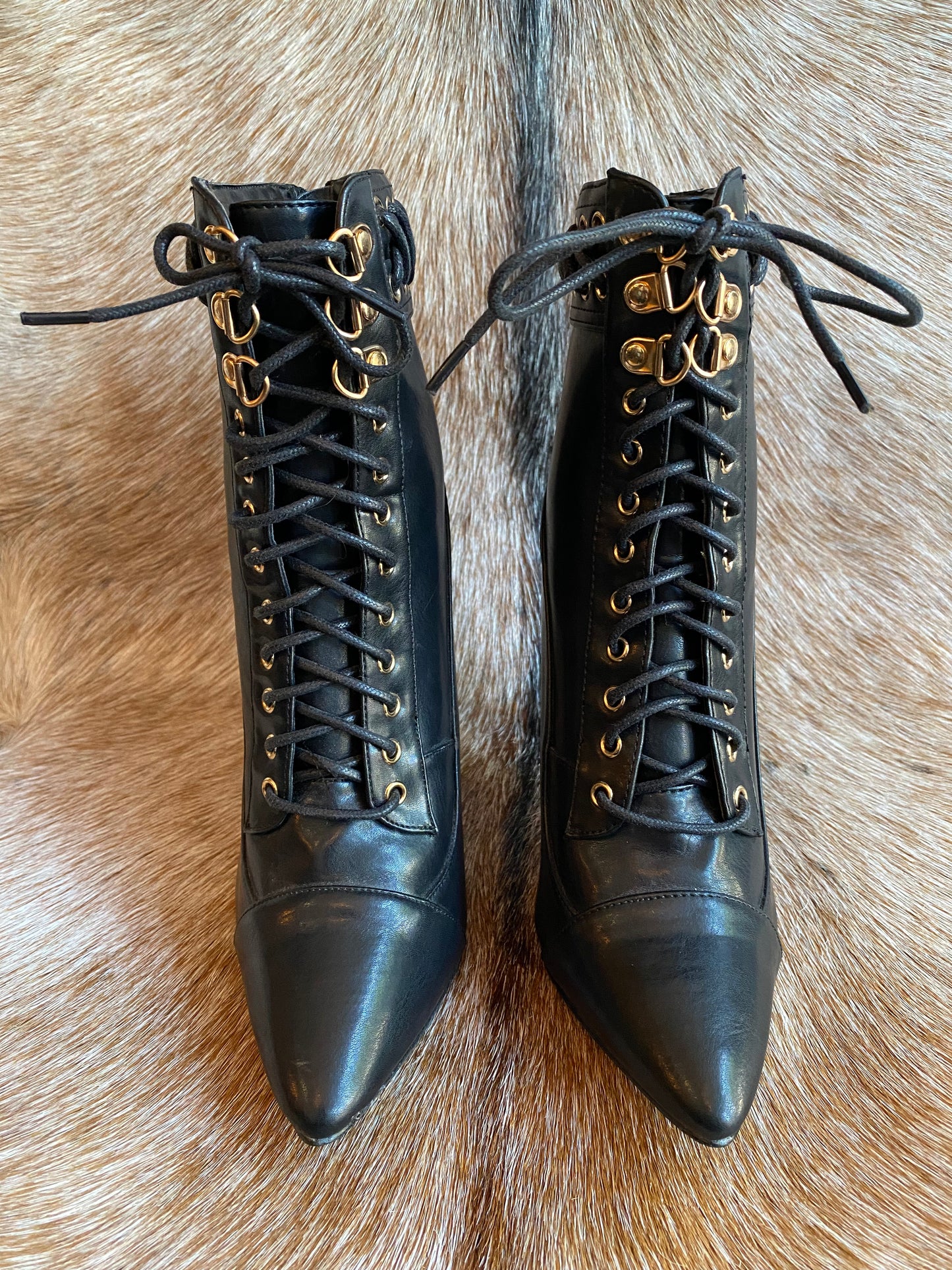 Black Faux Leather Lace Up Witchy High Heels