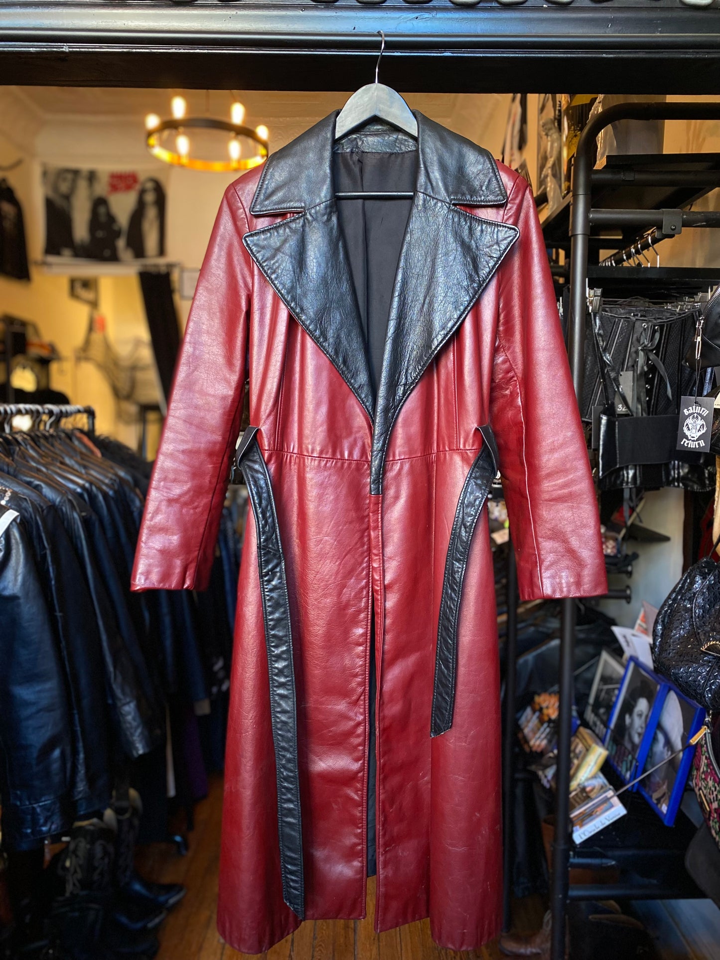 Long Oxblood Leather Trench Coat