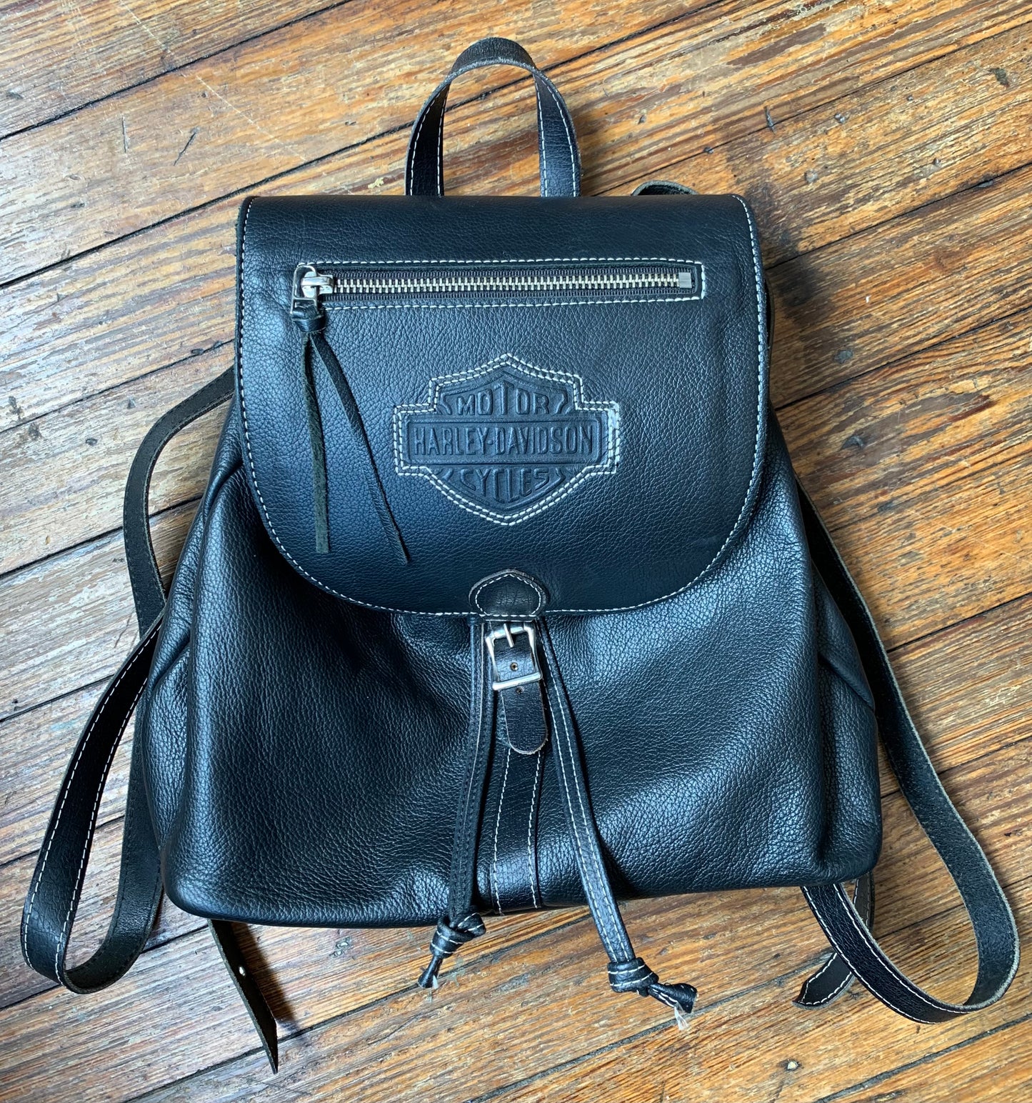Large Harley-Davidson Black Leather Drawstring Backpack
