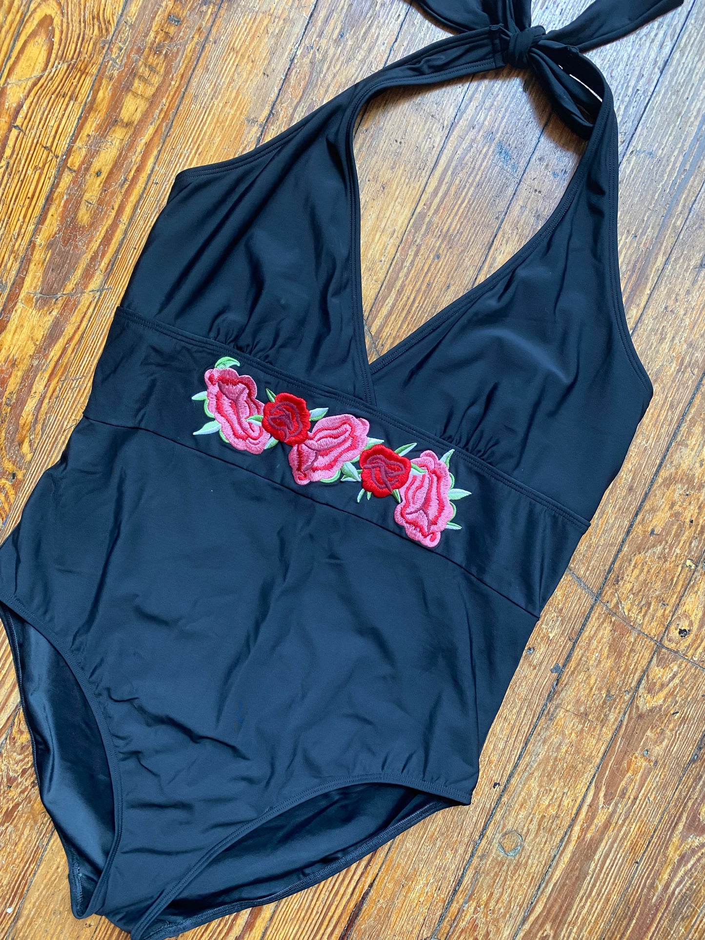 Black w/ Floral Embroidery One Piece Halter Swimsuit