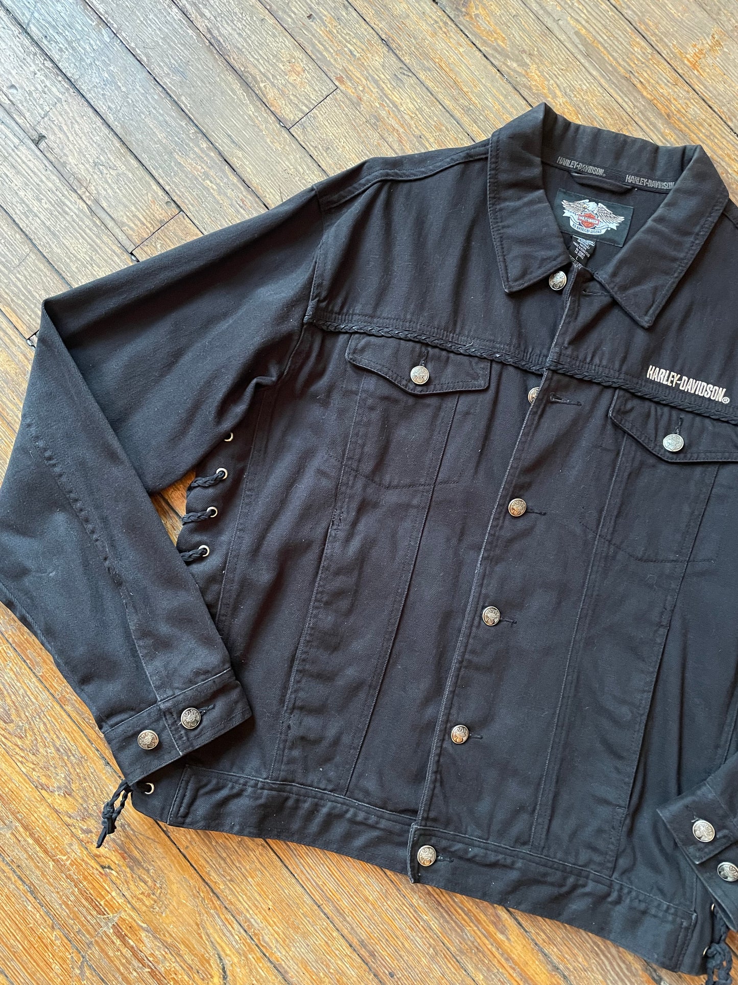 Harley-Davidson Black Denim and Leather Lace-Up Jacket