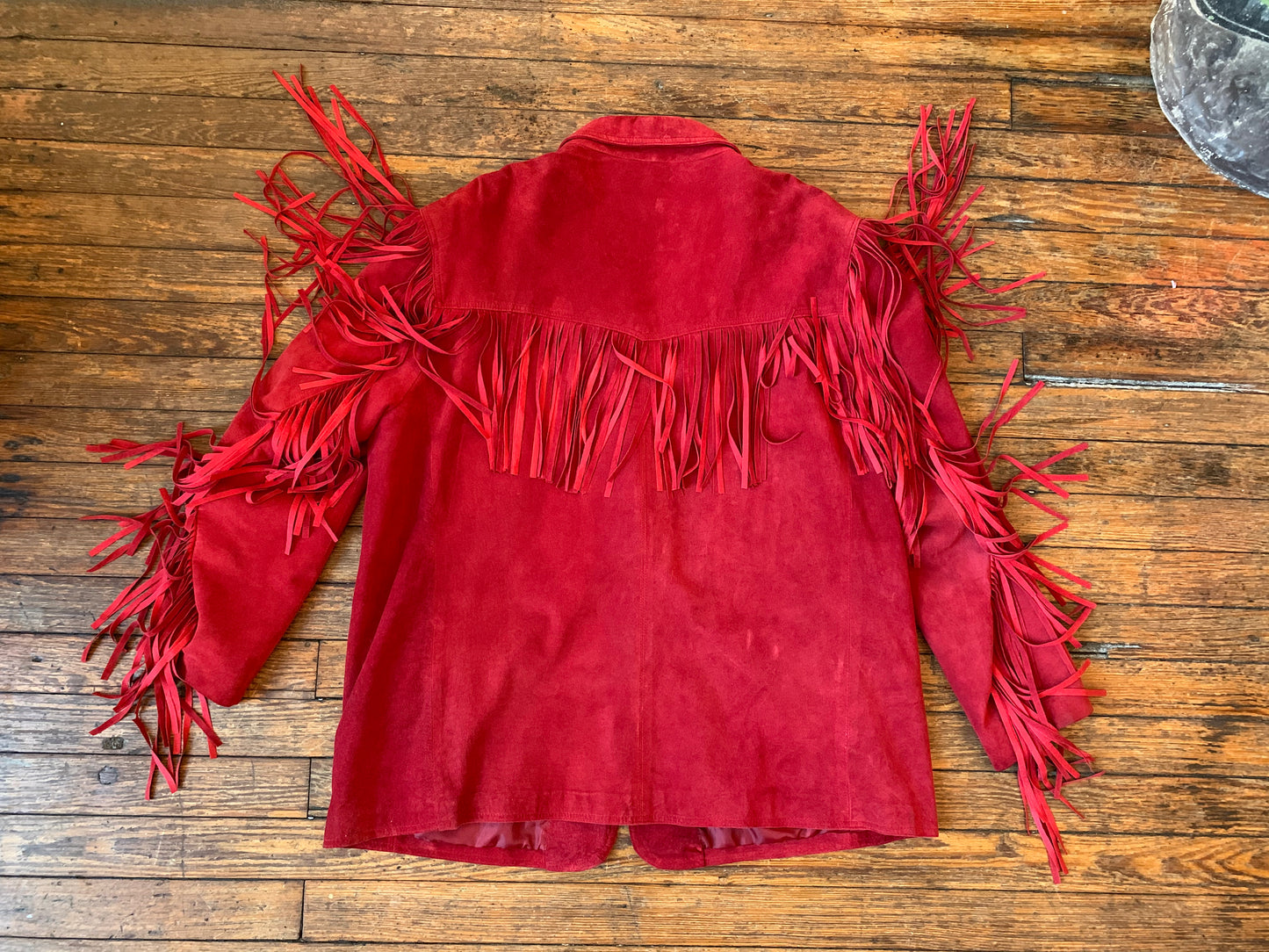 Vintage Winlit Bright Red Suede Leather Fringe Jacket
