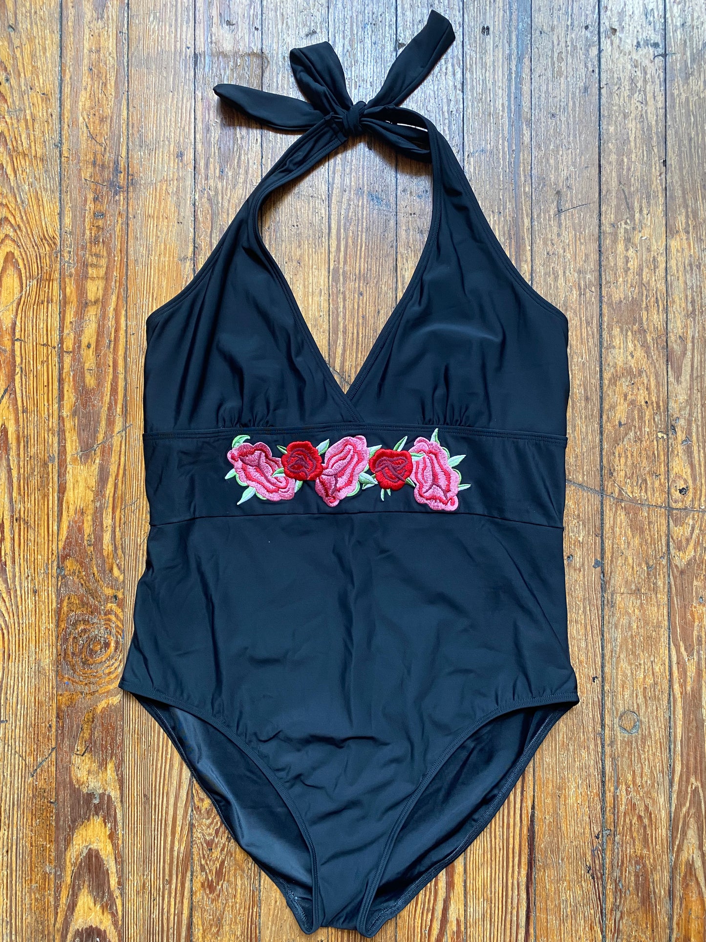 Black w/ Floral Embroidery One Piece Halter Swimsuit