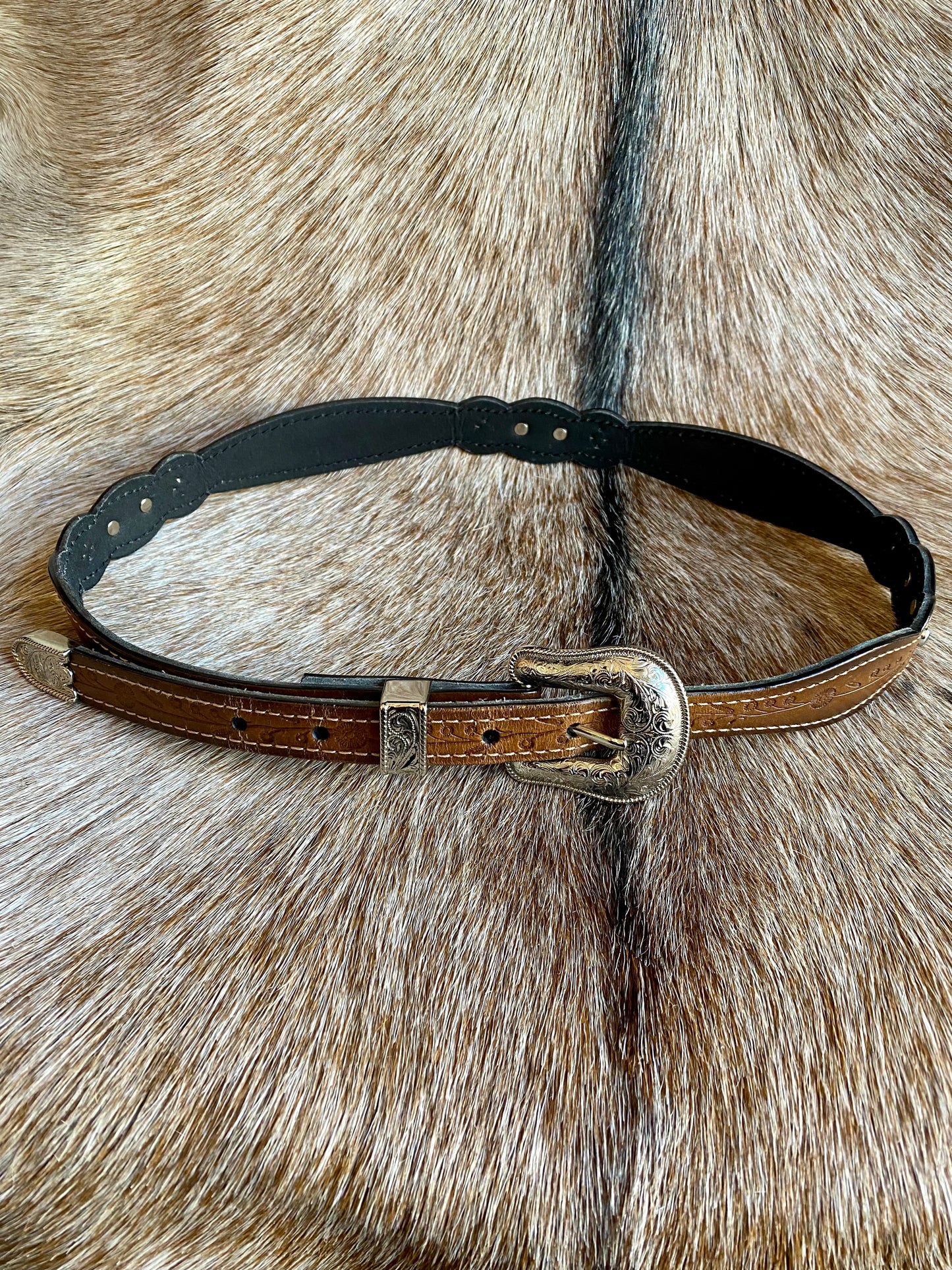 Vintage Dark Brown Leather Tooled Western Belt