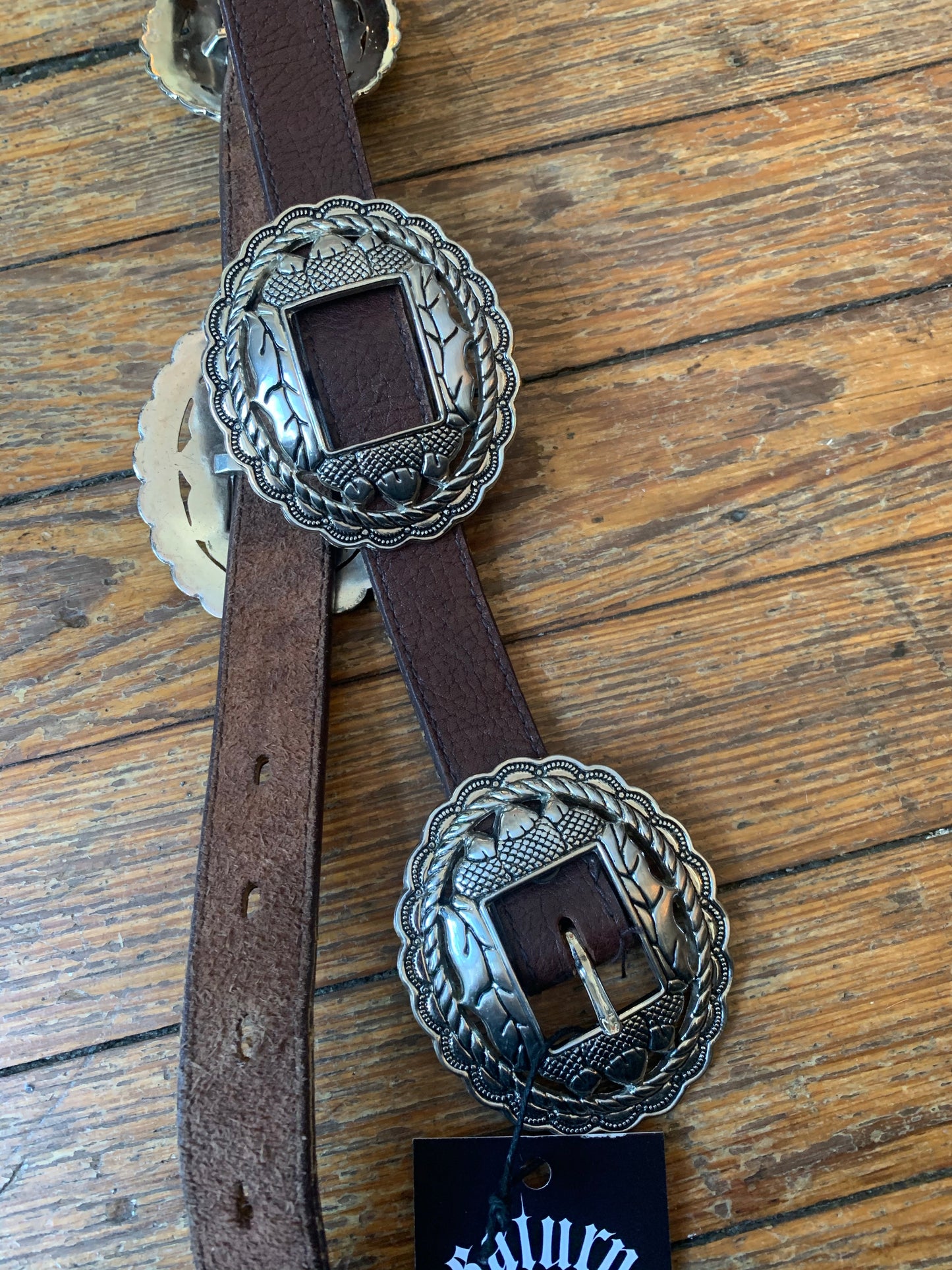 Large Brown Leather Floral Heavy Slot Concho Belt