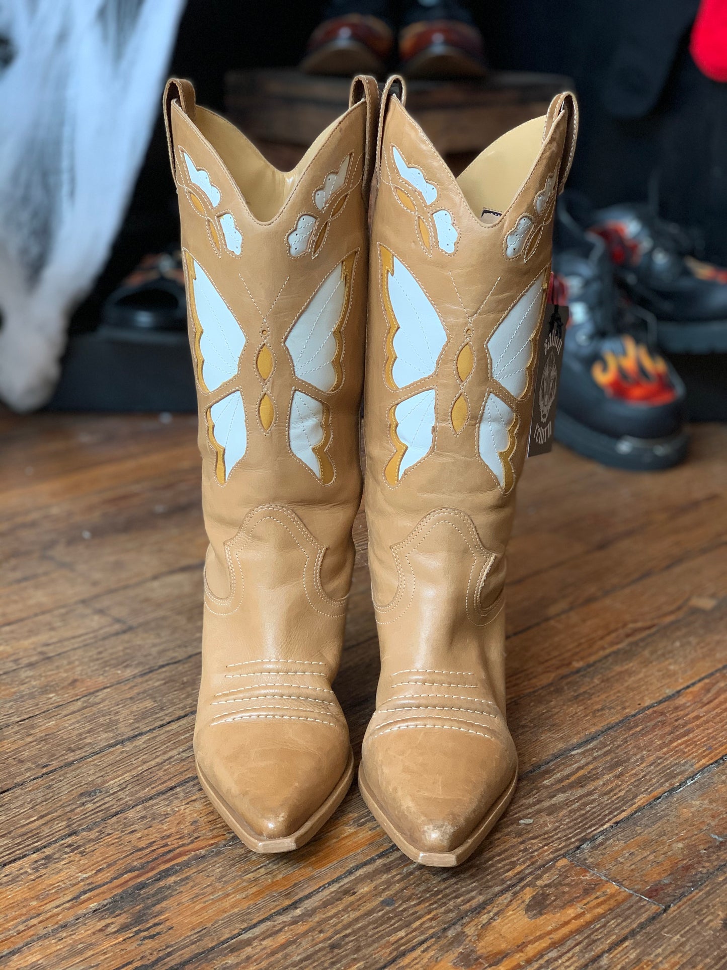 Tan Butterfly High Heeled Cowboy Boots