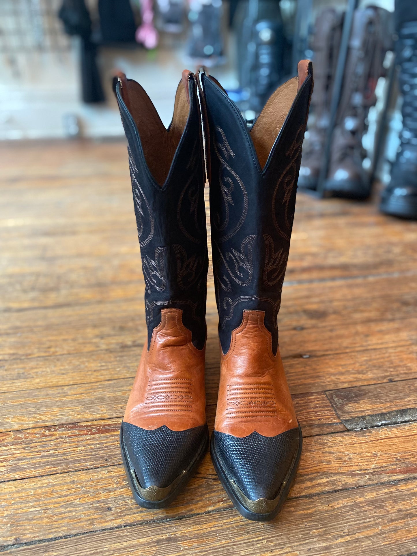 Vintage Cognac Leather and Black Suede Evie Brass Tip Cowboy Boots