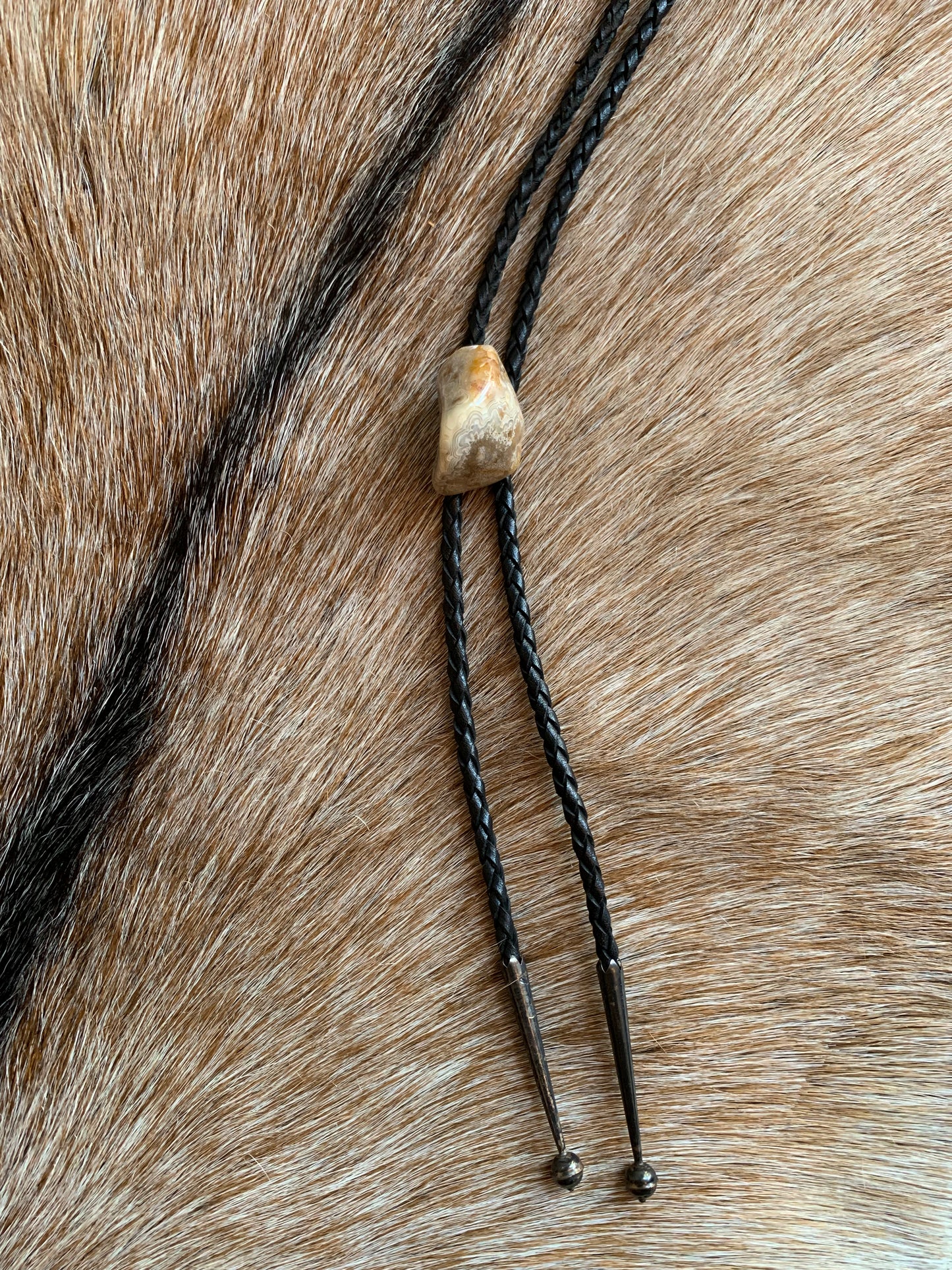 Large Brown Agate Stone Extra Long Cord Bolo Tie