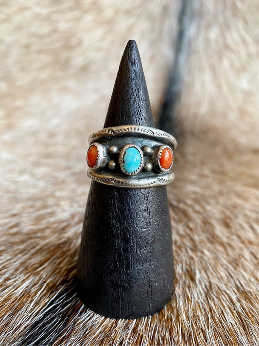 Vintage Sterling Silver Stamped Turquoise & Coral Ring