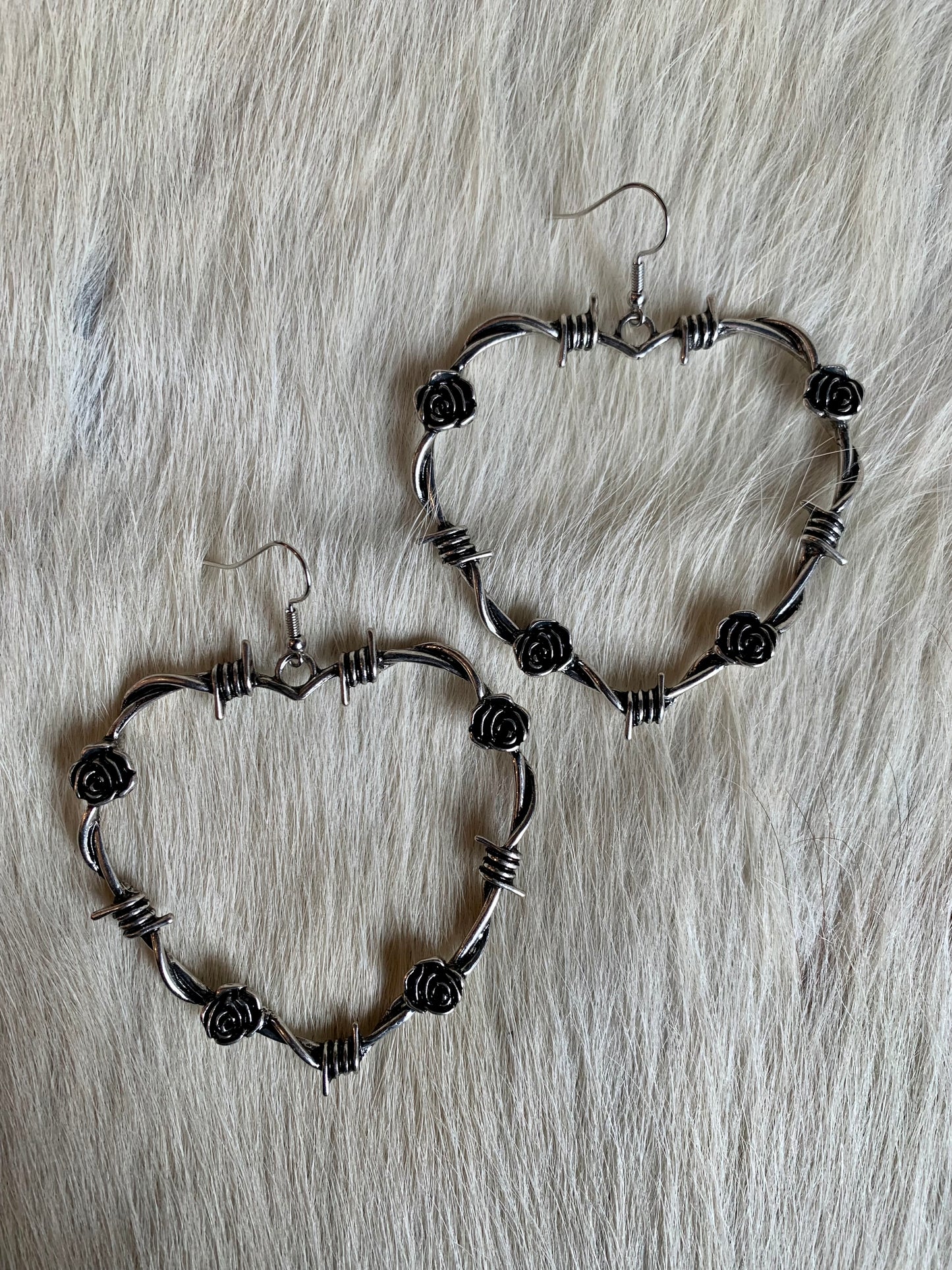 Barbed Wire & Rose Heart Shaped Hoop Earrings