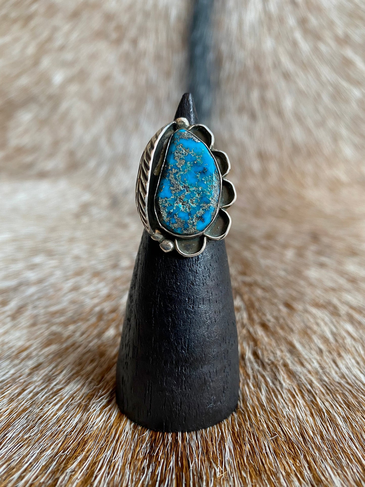 Sterling Silver Blue Turquoise & Large Feather Ring