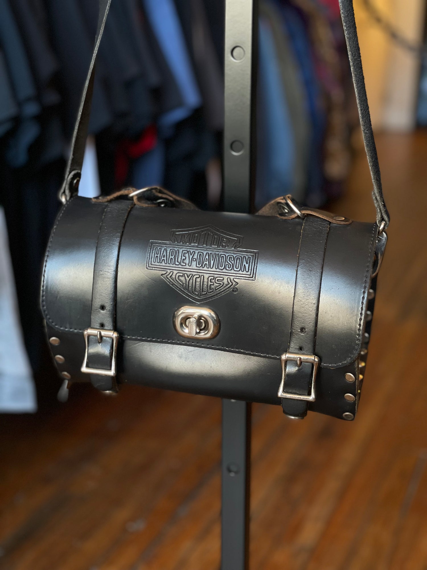 Vintage Harley-Davidson Leather Studded Barrel Bag