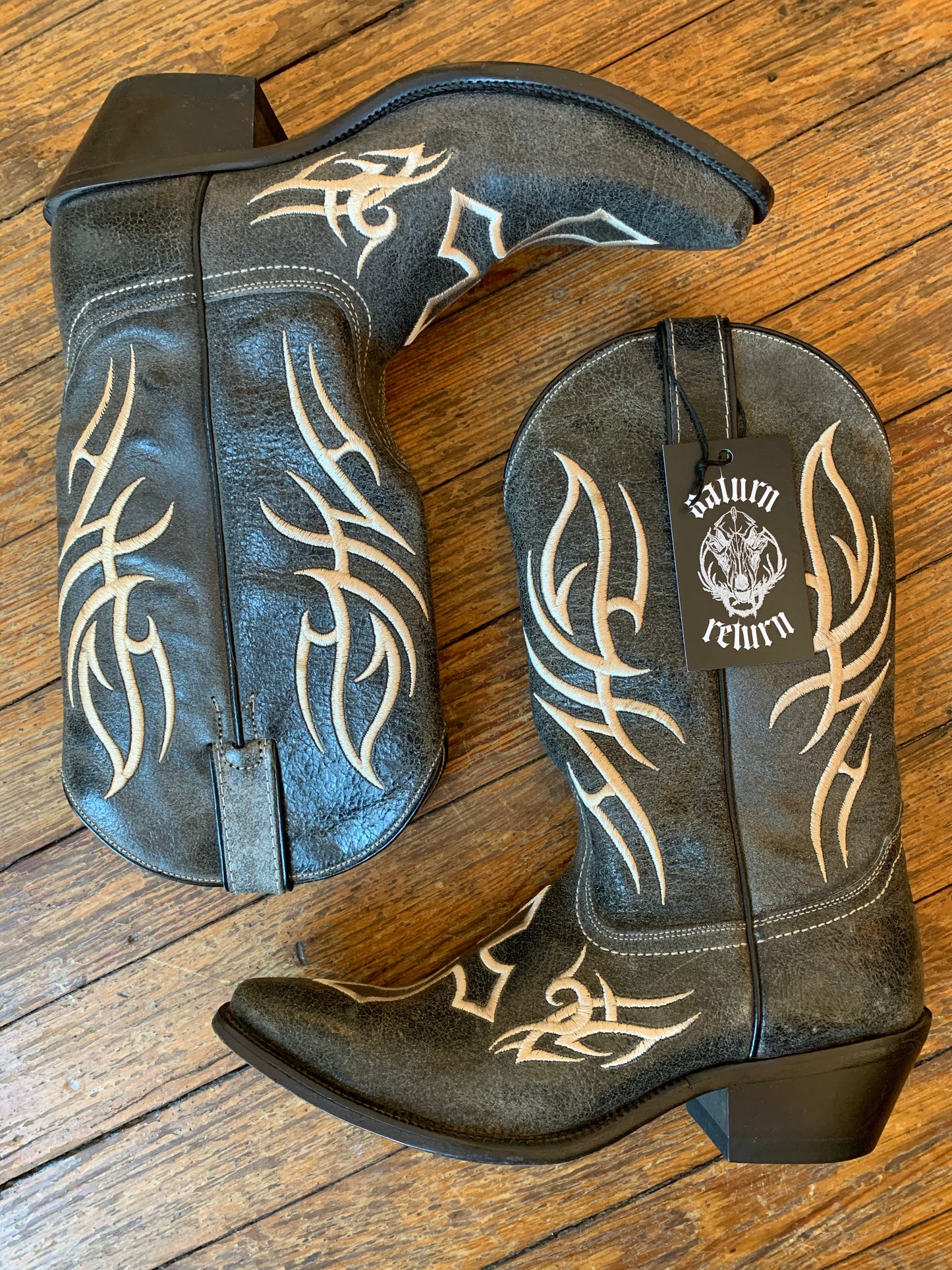 Justin Brand Grey Leather Embroidered Cross Cowboy Boots